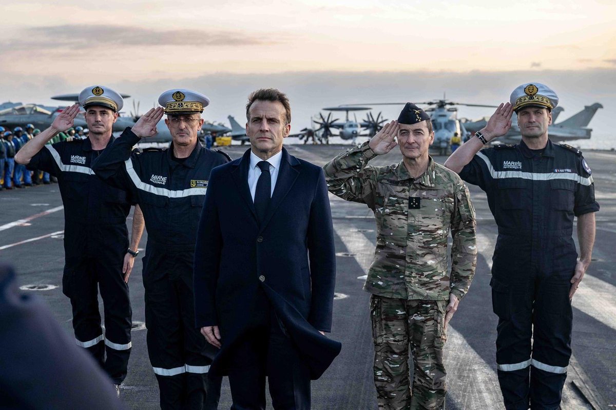 French president Emmanuel Macron on the Aircraft Carrier Charles de Gaulle  in Greece.