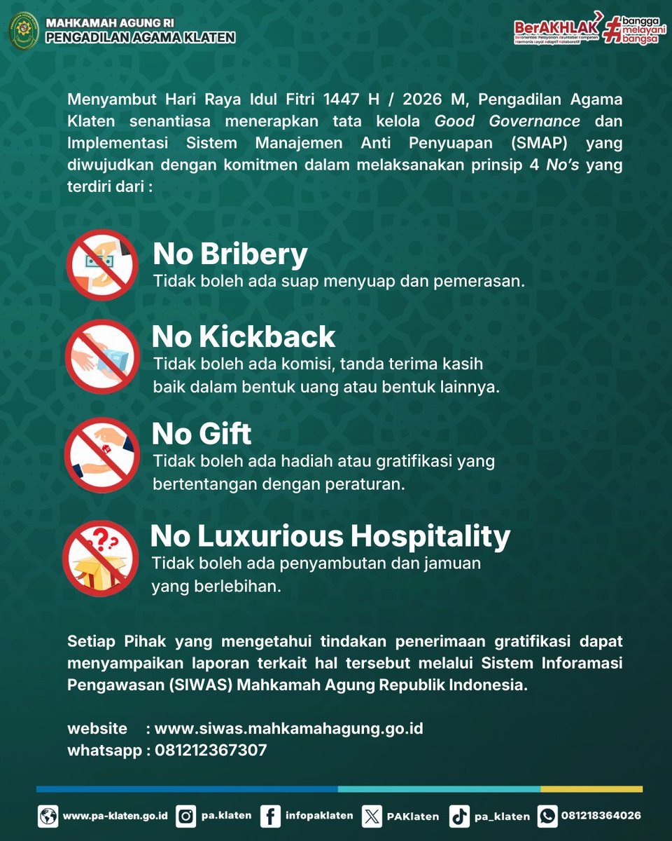 PAKlaten's tweet photo. 𝐒𝐀𝐌𝐁𝐔𝐓 𝐈𝐃𝐔𝐋 𝐅𝐈𝐓𝐑𝐈, 𝐓𝐀𝐍𝐏𝐀 𝐆𝐑𝐀𝐓𝐈𝐅𝐈𝐊𝐀𝐒𝐈

#Halo SobatMERAPI

Dalam rangka menyambut Hari Raya Idul Fitri, Jajaran Aparatur Pengadilan Agama Klaten berkomitmen tidak menerima segala bentuk Parcel Karangan Bunga, Parcel Makanan/Minuman, Uang dan lainnya. https://t.co/ENLw6SV7bG