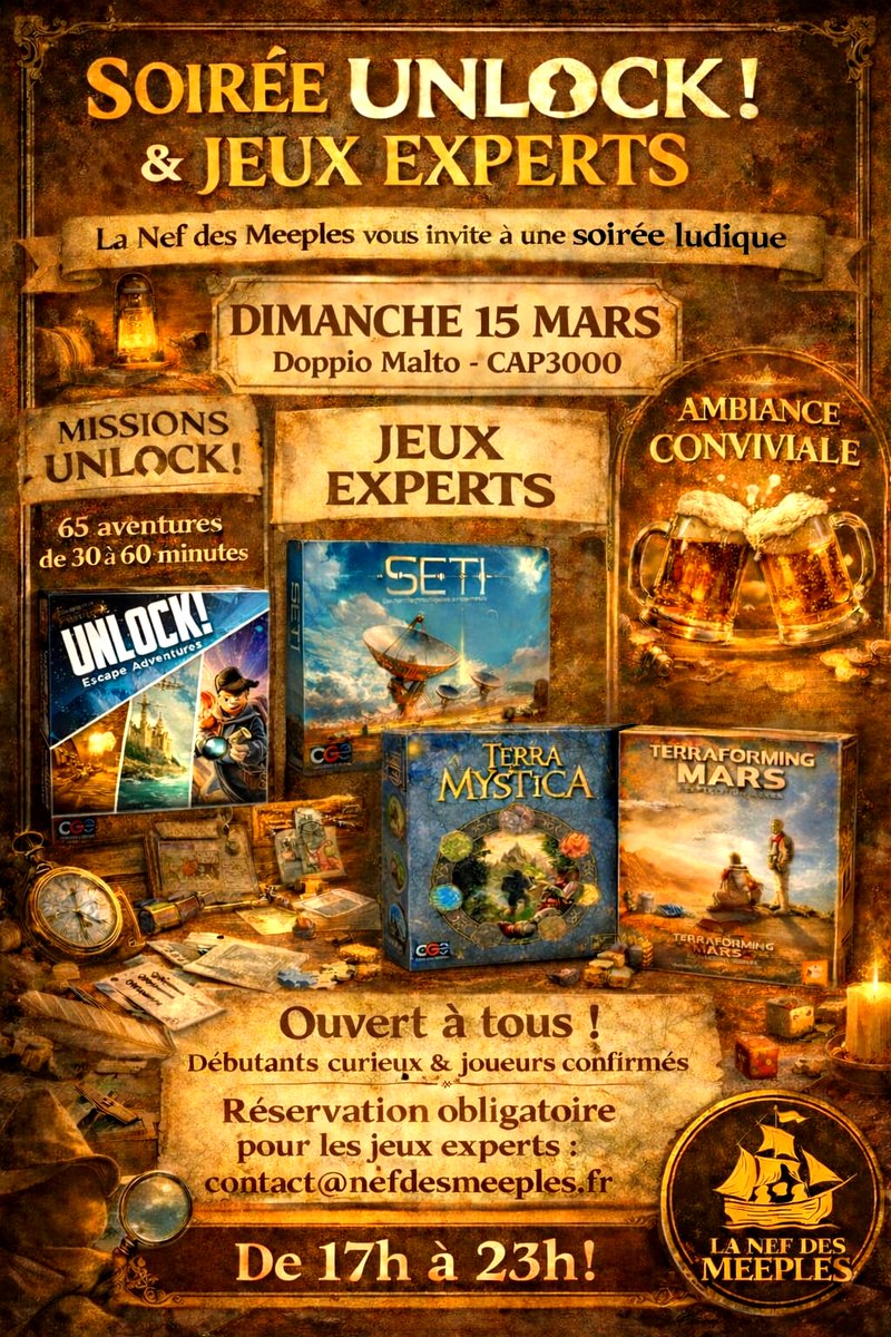 🎲 Soirée Unlock! &amp; Jeux Experts
Rendez-vous dimanche 15 mars de 17h à 23h au Doppio Malto (CAP3000) pour une grande soirée jeux !
Unlock! 65 aventures d’escape game(30 à 60 min).
On sort aussi SETI, Terra Mystica et Terraforming Mars : Expédition Arès.
contact@nefdesmeeples.fr