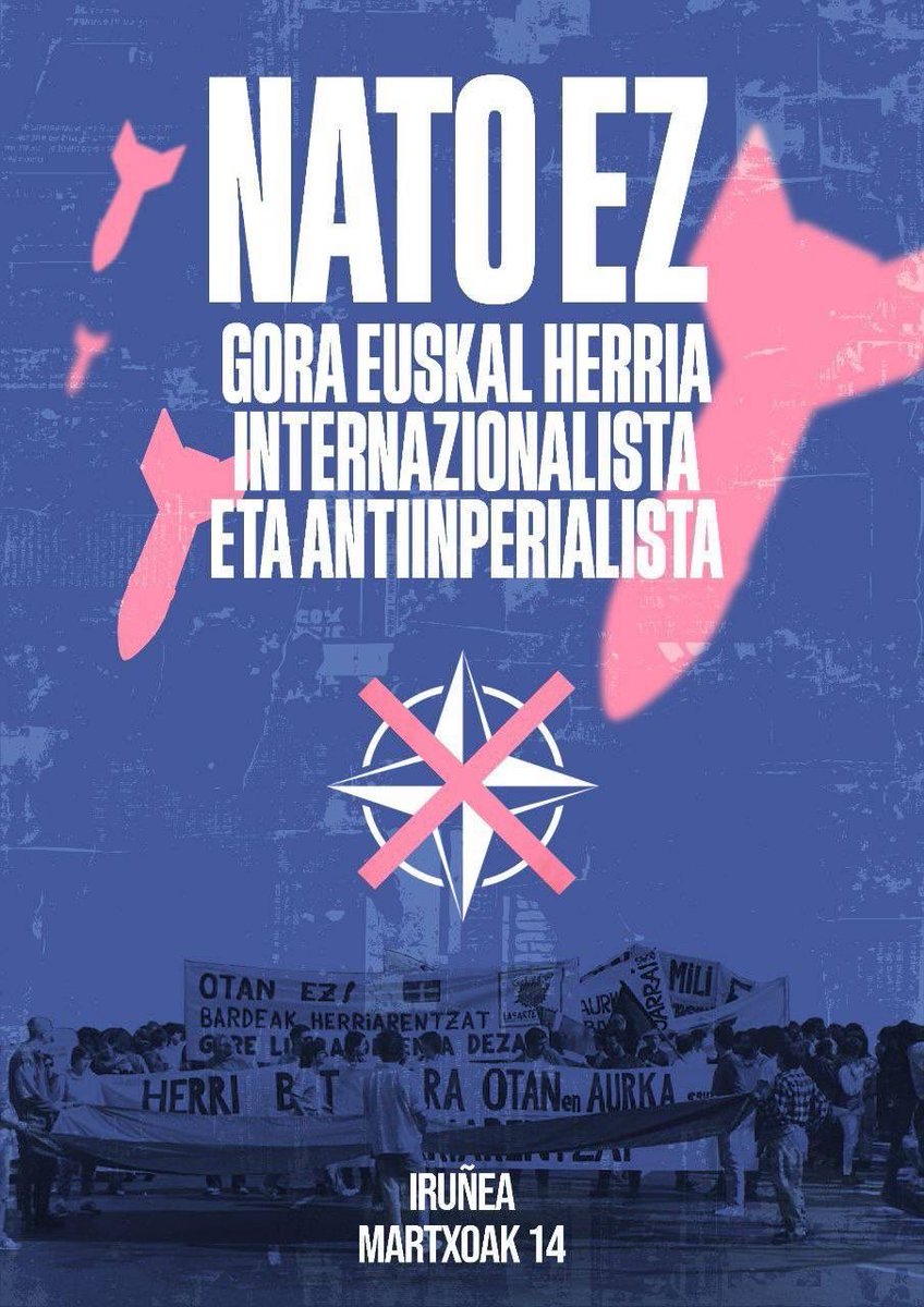 EHKSozialista's tweet photo. 🔴 NATOren aurkako manifestazioa egongo da Iruñean, larunbatean. Beste hamaika eragilerekin batera bertan hartuko dugu parte. 

Eraso inperialisten garaian lehen mailako eginbeharra da ekimen internazionalista! https://t.co/t4ueeuPGyi