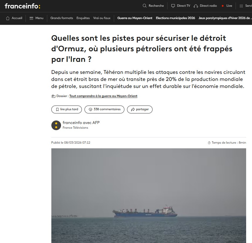 Macron a décidé de déployer l’armée française pour sécuriser les principales routes maritimes du Moyen-Orient, notamment le détroit d’Ormuz : "Nous ne participons pas à un conflit en cours" Ah oui en déployant 8 frégates, 2 porte hélicoptères amphibie, le Charles de Gaulle + des