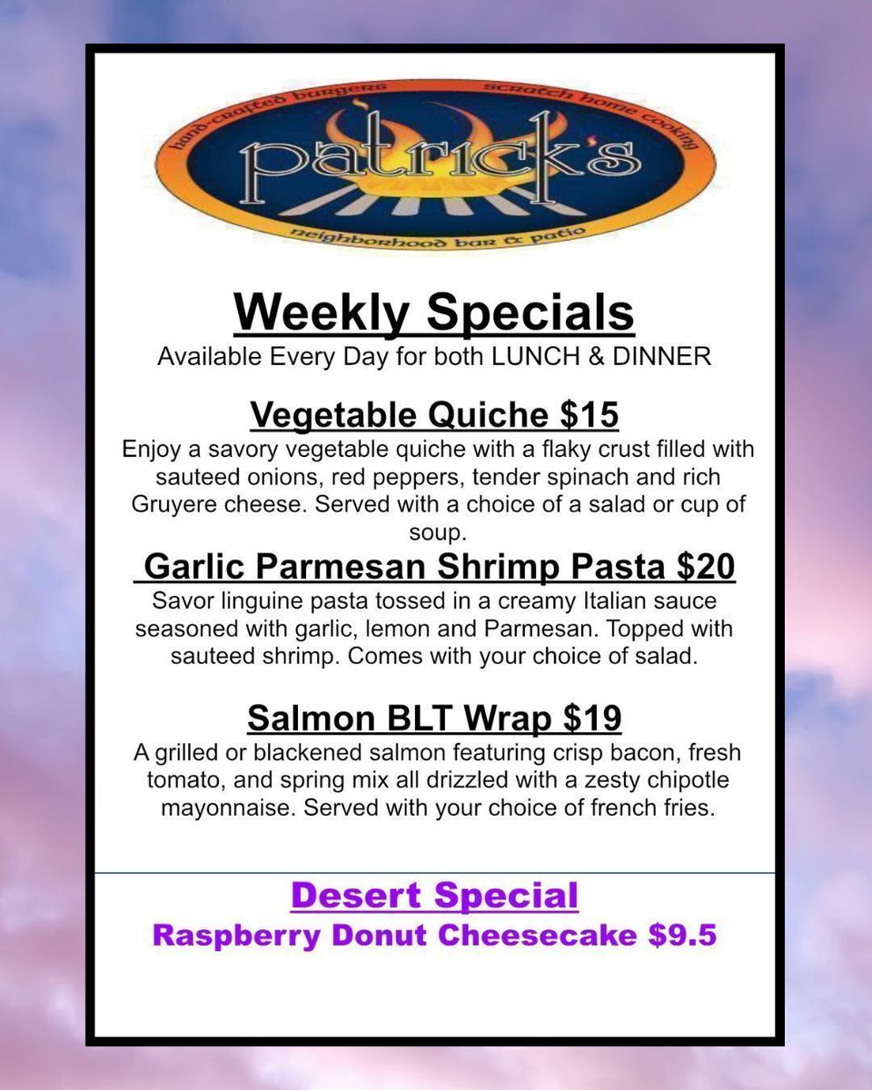 Weekly Specials available for Lunch and Dinner.
Dine In or To Go
682-2853
Kitchen Open from 11 AM - 9 PM today
Bar Open from 11 AM - 10:00 PM
Order Online patricksmemphis.com