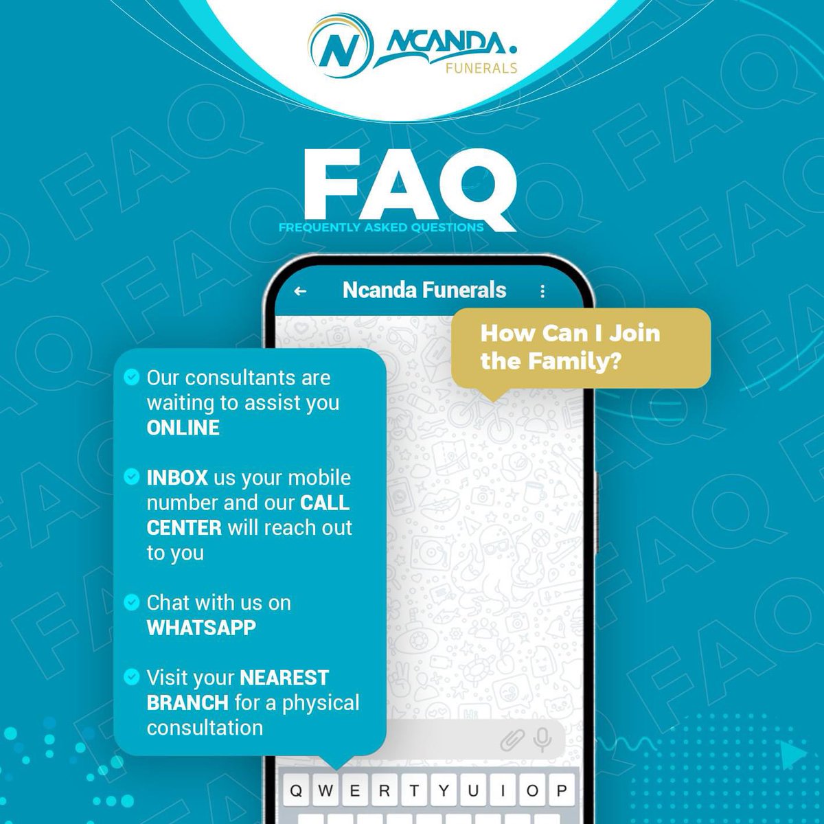 Got questions about joining the Ncanda Funerals family? 
We’re here to help! Chat with us online, message us on WhatsApp, or visit your nearest branch. Our consultants are ready to assist you.
#NcandaFunerals #Jointgefamily