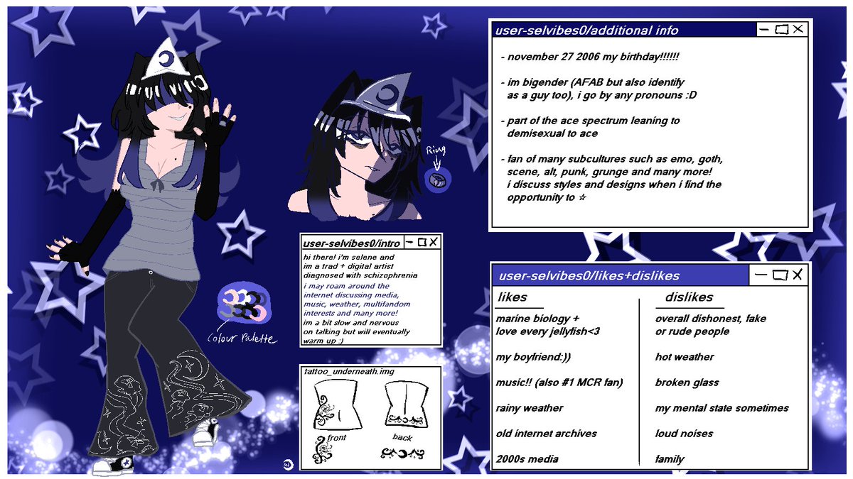 selvibes0's tweet photo. INTRO POST THREAD TIME!! hi im selene i draw and like music c:

☽ just an emo roaming around the web !!

☽ besides my ref, i got some stuff down to read, please take a scroll if u wanna know ☆! https://t.co/9GZsnNknwy