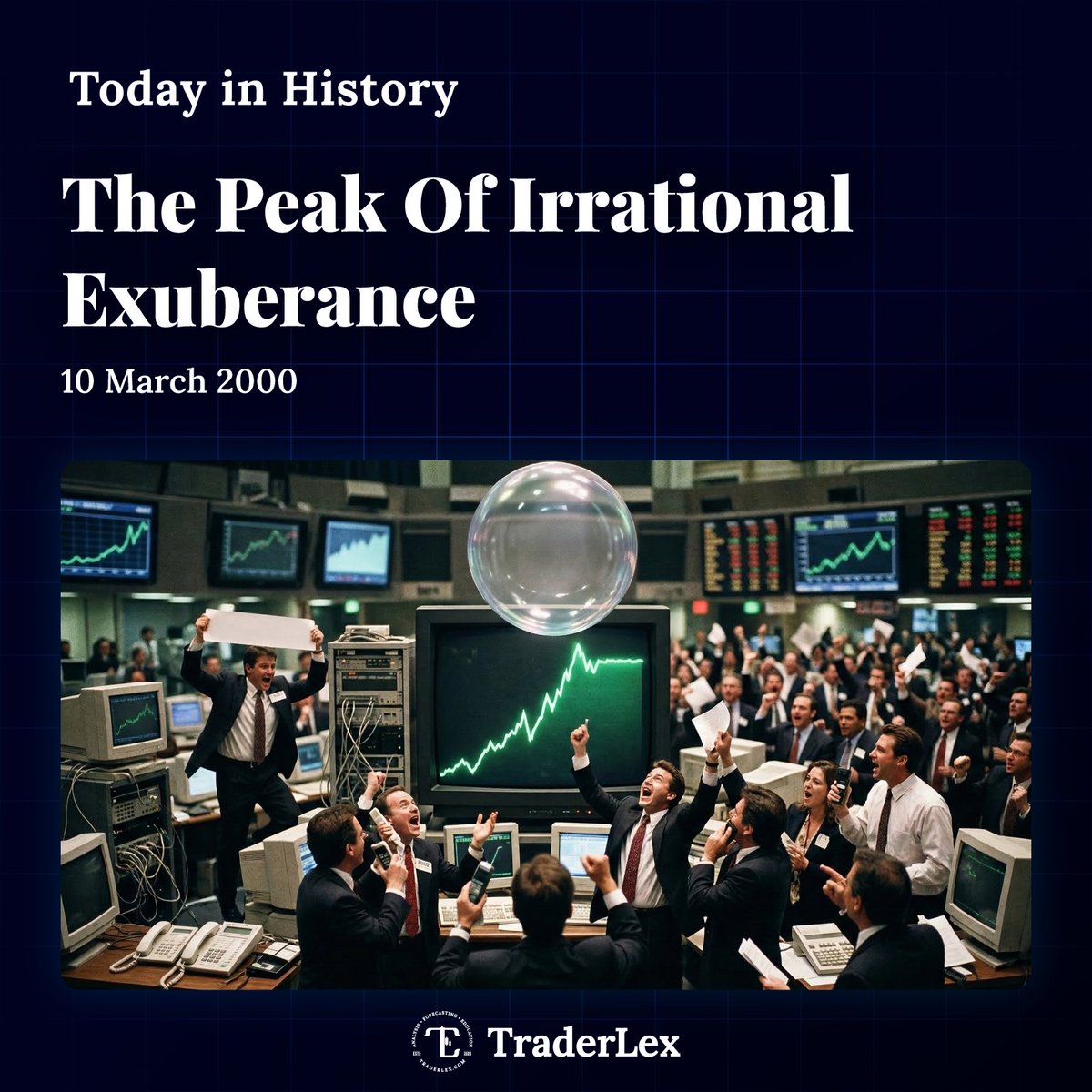 traderlexcom's tweet image. The Zenith of the Internet Bubble / #Dotcom

On March 10, 2000, the technology-heavy #NASDAQ reached a historic peak of 5,048.62 points, marking the absolute zenith of the Dot-com bubble. This moment of extreme irrational exuberance represented the ultimate decoupling of asset