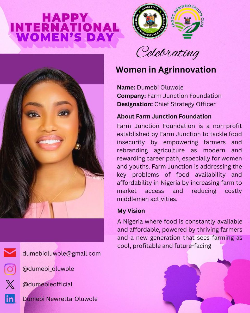 lagos_agriclub's tweet photo. International Women’s Day Spotlight 

Today, we celebrate remarkable women driving innovation and transformation across Nigeria’s agricultural sector.

Meet the inspiring leaders shaping the future of agribusiness and food systems:

🌿Yetunde Adegbite – CEO, Jodriela Concepts Limited
🌿 Dumebi Oluwole – Chief Strategy Officer, Farm Junction Foundation
🌿 Etimbuk Imuk – Founder, Eti Farms Global
🌿 Tracy Dabul – Chief Partnership Officer, Benue Farmer

These women are redefining agriculture through innovation, empowering farmers, strengthening food systems, and building sustainable agribusinesses that impact communities across Nigeria.

At the Lagos Agrinnovation Club, we celebrate and support women who are shaping the future of agriculture.

💜 Happy International Women’s Day!

#IWD2026 #WomenInAgriculture #WomenInAgribusiness #LagosAgrinnovationClub