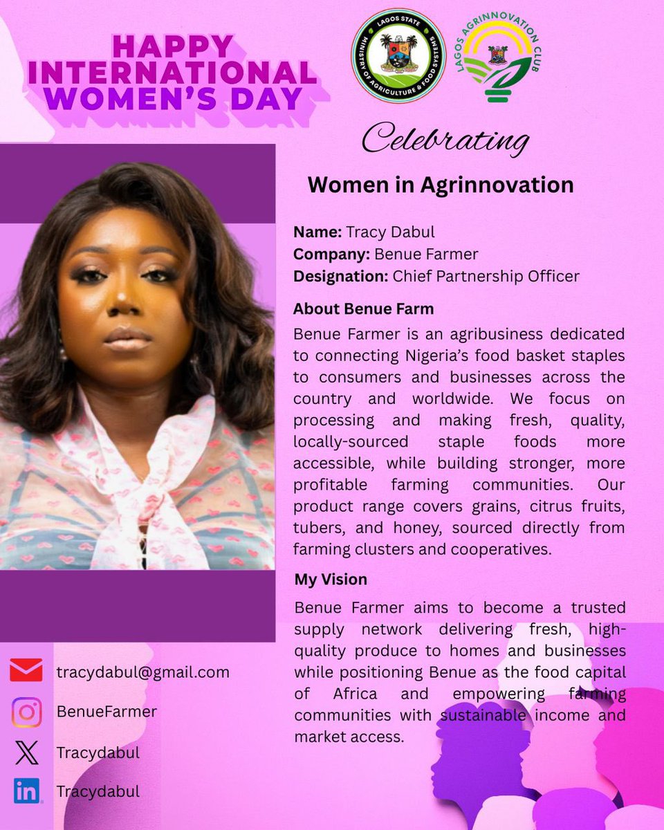 lagos_agriclub's tweet photo. International Women’s Day Spotlight 

Today, we celebrate remarkable women driving innovation and transformation across Nigeria’s agricultural sector.

Meet the inspiring leaders shaping the future of agribusiness and food systems:

🌿Yetunde Adegbite – CEO, Jodriela Concepts Limited
🌿 Dumebi Oluwole – Chief Strategy Officer, Farm Junction Foundation
🌿 Etimbuk Imuk – Founder, Eti Farms Global
🌿 Tracy Dabul – Chief Partnership Officer, Benue Farmer

These women are redefining agriculture through innovation, empowering farmers, strengthening food systems, and building sustainable agribusinesses that impact communities across Nigeria.

At the Lagos Agrinnovation Club, we celebrate and support women who are shaping the future of agriculture.

💜 Happy International Women’s Day!

#IWD2026 #WomenInAgriculture #WomenInAgribusiness #LagosAgrinnovationClub