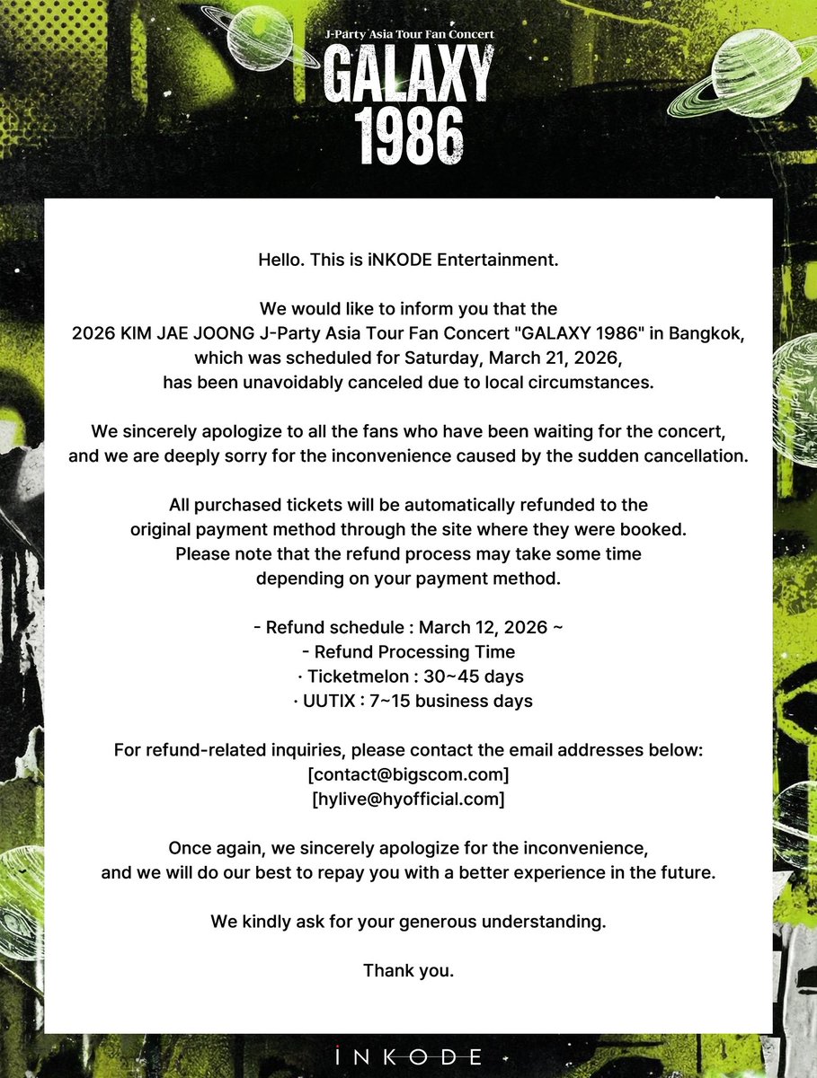 📢[#공지][#Notice]

2026 KIM JAE JOONG J-Party Asia Tour Fan Concert "GALAXY 1986" in Bangkok 공연 취소 안내

🔗 weverse.io/kimjaejoong/no…