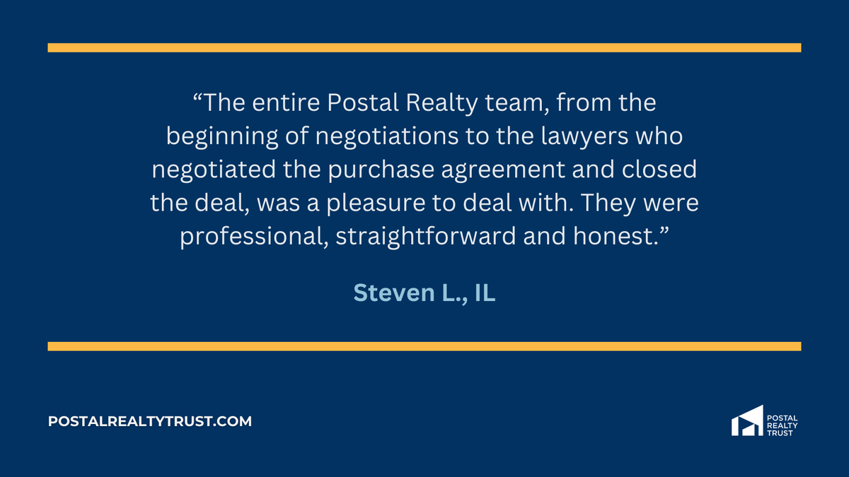 PostalRealty's tweet photo. We’re honored to be the trusted partner for postal property owners nationwide. Thank you for your kind words! 

Thinking about selling? Get a free valuation today?
https://t.co/erUmBHWtGR

#PSTL #PostalProperties #PostOfficeProperties #REIT https://t.co/RnP06C9gsx