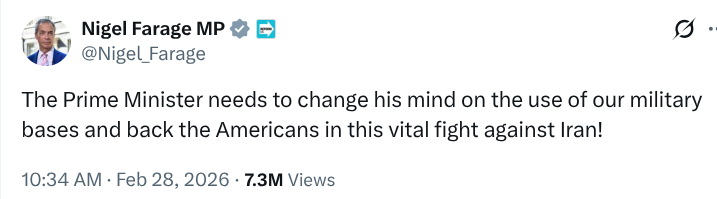 <a href="/BethRigby/">Beth Rigby</a> <a href="/SkyNews/">Sky News</a> Reform are all over the place.Having pushed Starmer to  get involved in Trumps "vital fight against Iran"which caused fuel price rises,he pulls a pointless stunt.People would just go to a cheaper garage,it's £1.35 here. Media must stop indulging Farage &amp; his minor party of 8 MP's