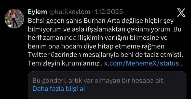 Burhan Arta demişken şu tiwitimi unutmayın. O süreçte taciz edilmeme rağmen Burhan Arta’yı değil beni suçlayan kişi de ÖHD’li bir avukattı. Merak etme, sıra sana da gelecek. 4 yıllık ilişki içinde bana yaşattığın her şeyi raporlayıp gerekli olan açıklamaları yapacağım.