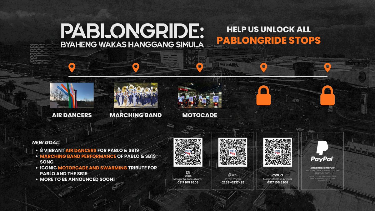 This is our moment.

Let’s come together and unlock every PABLONGRIDE STOP to give Pablo and SB19 a finale worthy of the journey. From vibrant air dancers to a marching band and a roaring motorcade!

Let’s make this tribute as powerful as the music that brought us here.

Be part