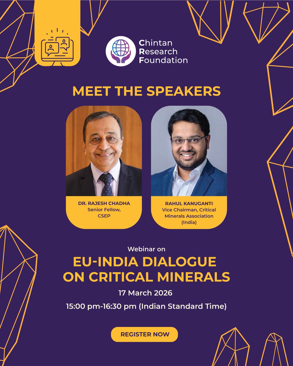 ChintanResearch's tweet photo. India’s push for secure and resilient #CriticalMinerals supply chains is gaining momentum. The #CRFWebinar aims to identify practical avenues for #IndiaEU collaboration, including opportunities for resilient partnerships, coordination on data and stockpiles, investment and risk-sharing mechanisms, and policy pathways towards a joint #CriticalMinerals partnership.

Register Now!

🗓️ 17 March 2026
⏰ 3:00 pm onwards (IST)
🔗 https://t.co/NvqdyyvzOp

@DrRajeshChadha1 | @rahulkanuganti
#IndiaEU #Webinar #SupplyChainResilience #EnergyTransition #EconomicSecurity #Geoeconomics #ChintanResearchFoundation