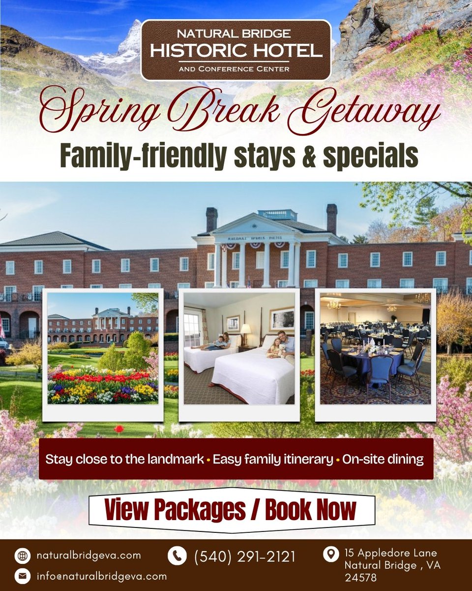 NaturalbridgeH's tweet image. Make this Spring Break a family escape to remember at Natural Bridge Historic Hotel &amp;amp; Conference Center. 
View packages / Book now
🌐 naturalbridgeva.com
📞 (540) 291-2121
#springbreakgetaway #familyfriendlystay #naturalbridgeva #historichotel #virginiagetaway