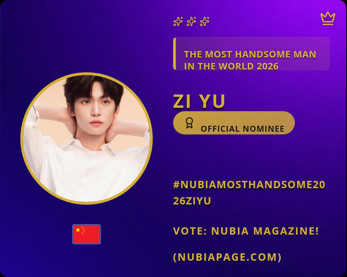"Zi Yu is in the running for Nubia Magazine's Most Handsome Man In the World 2026! 💪 Right now he’s at 2.9% with 283,006 votes – we need all Yuni out there to step up and cast your votes! Let’s push him higher on that ranking! 🇨🇳✨"

Vote here: nubiapage.com/poll/vote-most…

#ZiYu