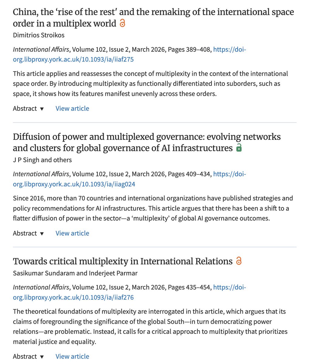 IndrajitRoyYork's tweet photo. Thereafter, @DStroikos illuminates the (re-)making of the #SpaceOrder by #China &amp; others. Next, JP Singh &amp; co. examine networked governance of #AI infrastructures. Followed by @USEmpire &amp; SasiSundaram who argue in favour of a #CriticalMultiplexity that prioritises equality. (3/4) https://t.co/ImovxFaYvI