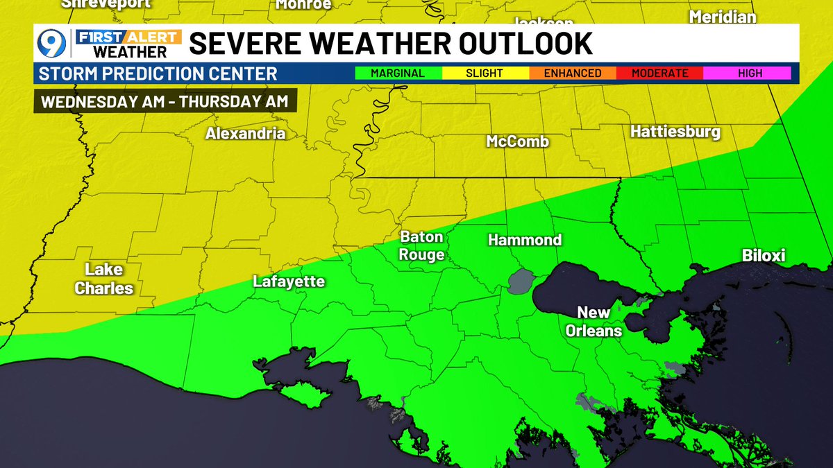 Here's the updated timing of this Wednesday night's cold front and showers/storms. We should see wet weather start late Wednesday afternoon, moving through mainly before midnight Thursday. Baton Rouge is on the border of level one/two. Much better weather moves in Thursday.