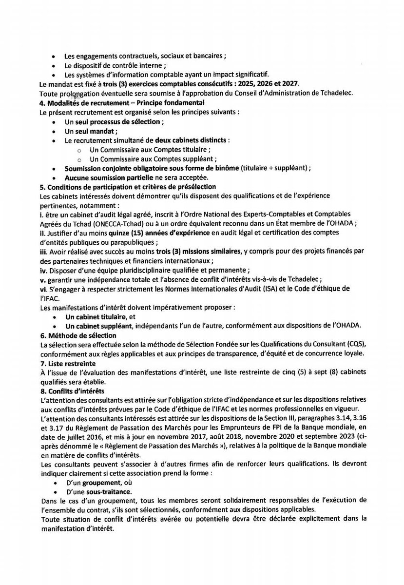 tchadinfos's tweet photo. #ANNONCE : La Tchadienne d’Électricité (#TchadElec), à travers sa Cellule d’Exécution des Projets (#CEP), lance un appel à manifestation d’intérêt pour le recrutement d’un commissaire aux comptes titulaire et d’un commissaire aux comptes suppléant. Cette mission vise à assurer l’audit légal et la certification des états financiers de l’entreprise pour les exercices 2025, 2026 et 2027, dans le cadre du Projet d’Accroissement de l’Accès à l’Énergie au Tchad (#PAAET), appuyé notamment par la Banque mondiale. Les cabinets d’audit qualifiés sont invités à soumettre leur manifestation d’intérêt conformément aux critères et modalités fixés dans les termes de référence. #Tchad 🇹🇩