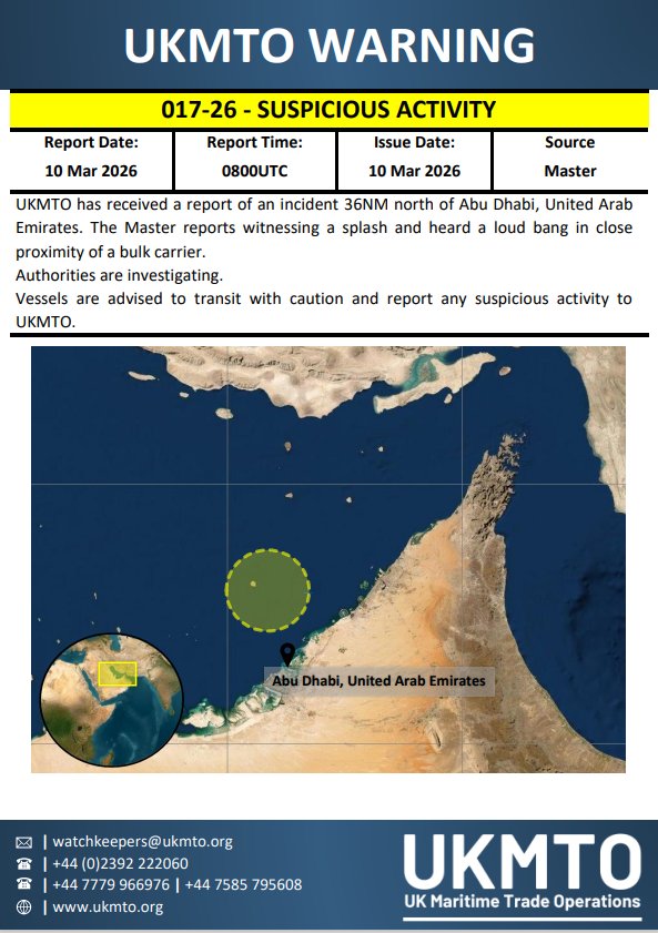 MenchOsint's tweet image. UKMTO reports that a Bulk Carrier was targeted by a projectile off Dubai's coast.