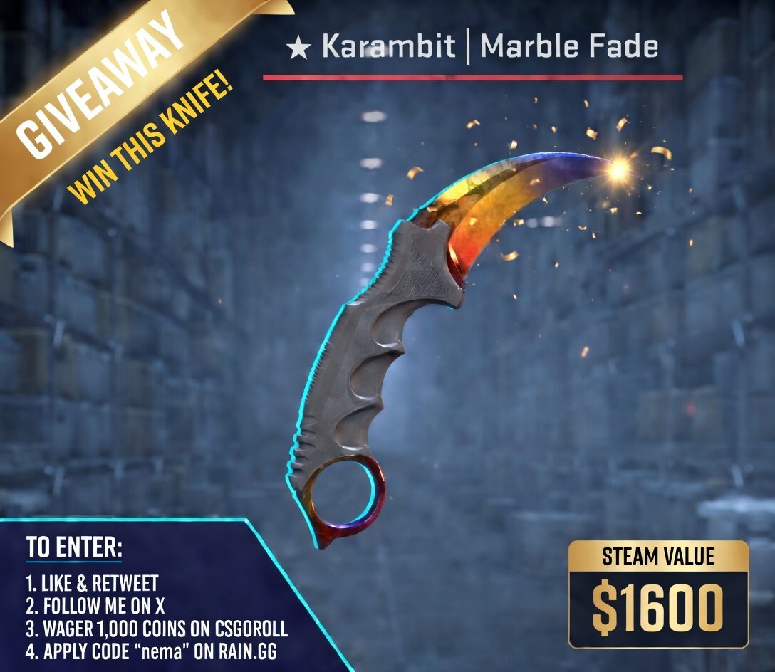 nematelord's tweet photo. 💯💸GIVEAWAY TIME!💸💯

Prize:  🔥Karambit | Marble Fade (Factory New) 🔥

How to enter:
 ✅Wager at least 1,000c on code "NEMA" on @CSGORoll  In March (1st-17th)
 ✅Retweet & Like this tweet 🧡
✅ Join my discord: https://t.co/7Wboe9y8On - create a ticket with your CSGORoll account ID+name & X username
✅ Enter the giveaway on the giveaway bot
r
 📅Starts: 10.03
 ⏰Ends: 17.03

good luck everyone! 🍀