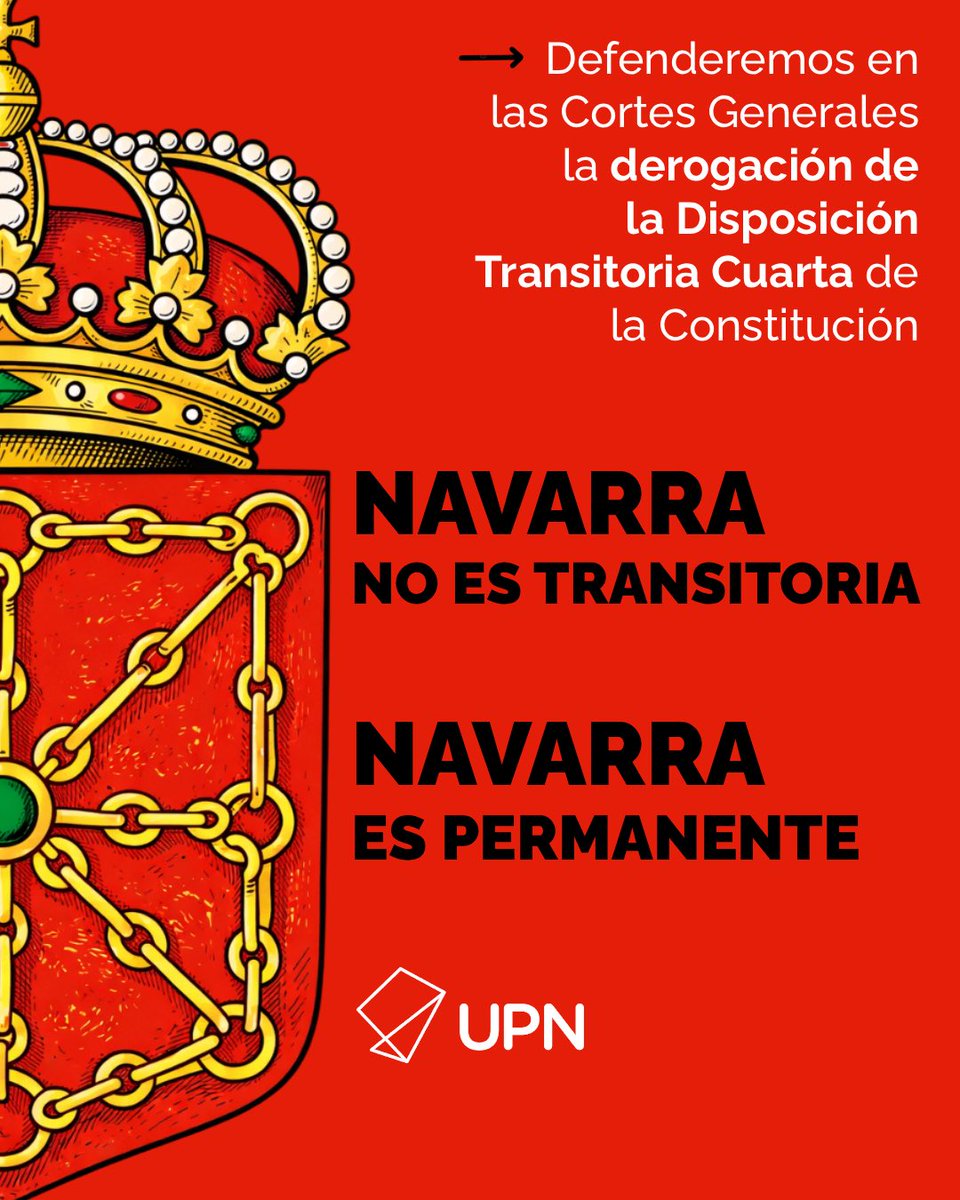 upn_navarra's tweet photo. #NavarraEsNavarra

🔴 Llevamos al Congreso la supresión de la Disposición Transitoria Cuarta de la Constitución.

UPN tiene el deber de culminar un compromiso histórico con la defensa de la identidad foral: derogar la vía de integración de Navarra en la Comunidad Autónoma Vasca.

#NavarraNOesTransitoria
#NavarraEsPermanente

UPN #ElPartidoDeNavarra ⛓️❤️