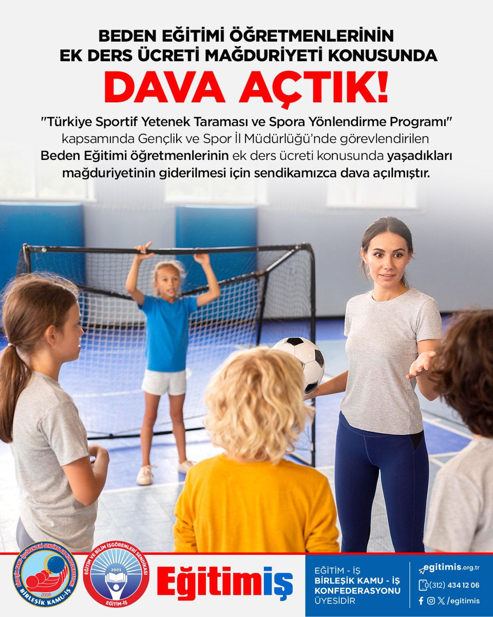 "Türkiye Sportif Yetenek Taraması ve Spora Yönlendirme Programı" kapsamında Gençlik ve Spor İl Müdürlüğü’nde görevlendirilen Beden Eğitimi öğretmenlerinin ek ders ücreti konusunda yaşadıkları mağduriyetinin giderilmesi için sendikamızca dava açılmıştır.