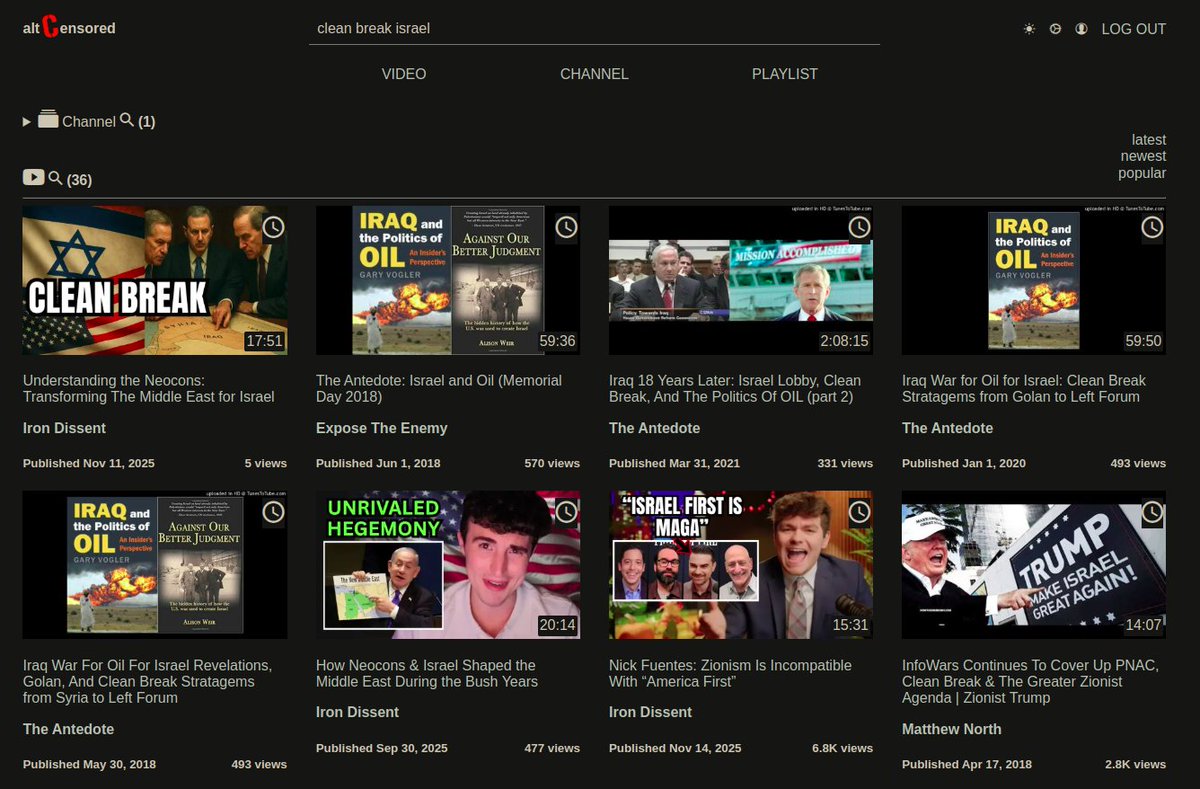 altcensored's tweet image. 'clean break israel' in search returns 35+ #Censored YouTube videos: #cleanbreak
(Watch/Share Censored videos: together we show what they hide)
🔎 --&amp;gt; altcensored.com/search?q=clean…