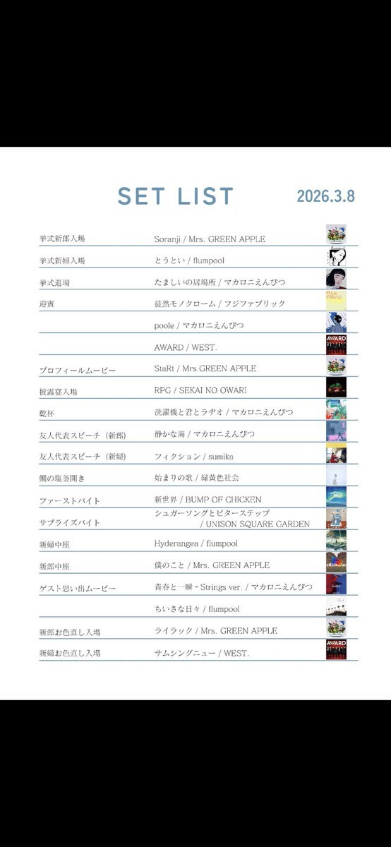 flumpool_komo's tweet photo. 大好きな音楽たちに囲まれて結婚式
WEDDING FES って
フェス風にセトリまで作ってみた

人生で一番好きなバンドflumpoolの
とうとい で入場
プレミアムガール で退場
お色直しの入場は
サムニュ

最高の結婚式でした！
音楽最高！

#flumpool
#WESTꓸ 
#BURNOUTSYNDROMES 
#緑黄色社会 https://t.co/ag7c5oEgNI
