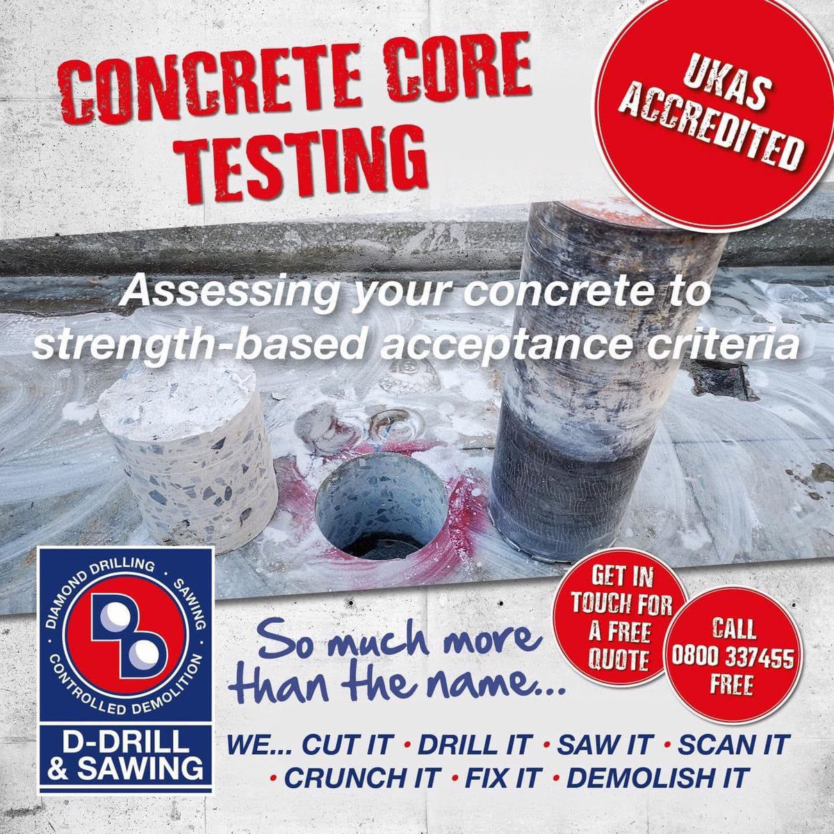 DDrillGroup's tweet photo. Services Spot Light 💡 Concrete Core Testing 

@DDrillGroup provide inspection &amp; analysis of hardened #concrete samples at a #UKAS accredited laboratory. 

Do you have a #coretesting job in mind?

☎️ 0800 33 74 55 to find out more or visit our website https://t.co/JAjAkMc2Il https://t.co/iZJNeu7m7p