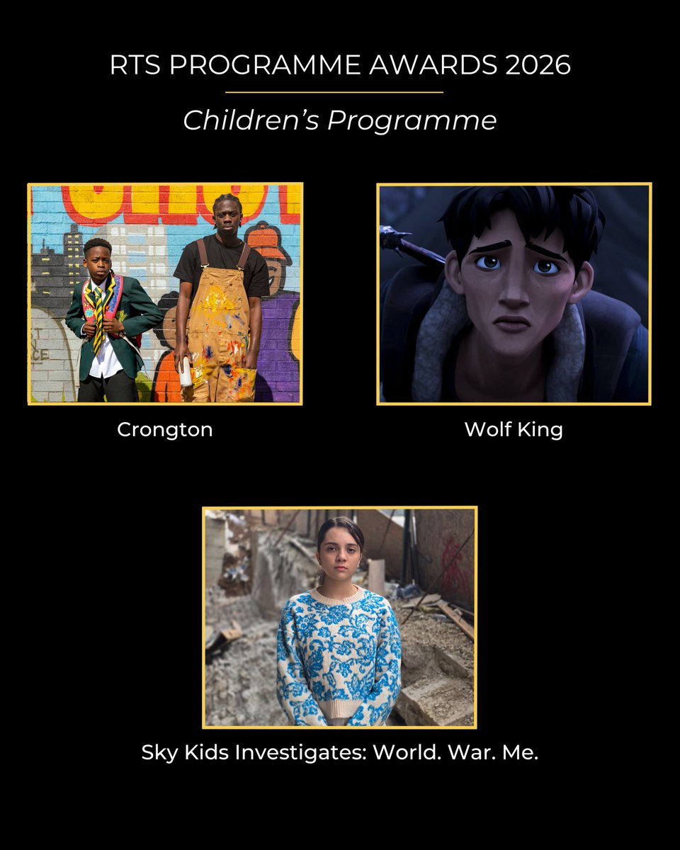 RTS_media's tweet photo. The Children’s Programme nominees are:

📺Crongton from @NewPicturesLtd for @BBC
📺Sky Kids Investigates: World. War. Me. from Fresh Start Media for Sky News
📺Wolf King from Lime Pictures for @netflix 

See the full list of RTS Programme Awards nominees here: https://t.co/v9HghNvnz5