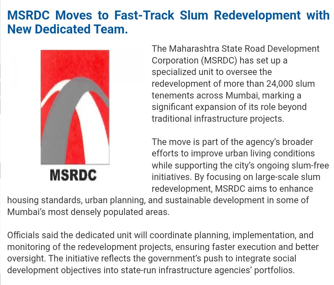 MSRDC sets up a Specialized Team of 8 Core Members to Oversee Redevelopment of 45 Projects comprising 24,226 Slum Tenements spanning across 97 Acres in Prime Mumbai Localities including Bandra, Ghatkopar, Wadala.

Maharashtra CM <a href="/Dev_Fadnavis/">Devendra Fadnavis</a> is Determined for Slum-Free Mumbai ❤️‍🔥