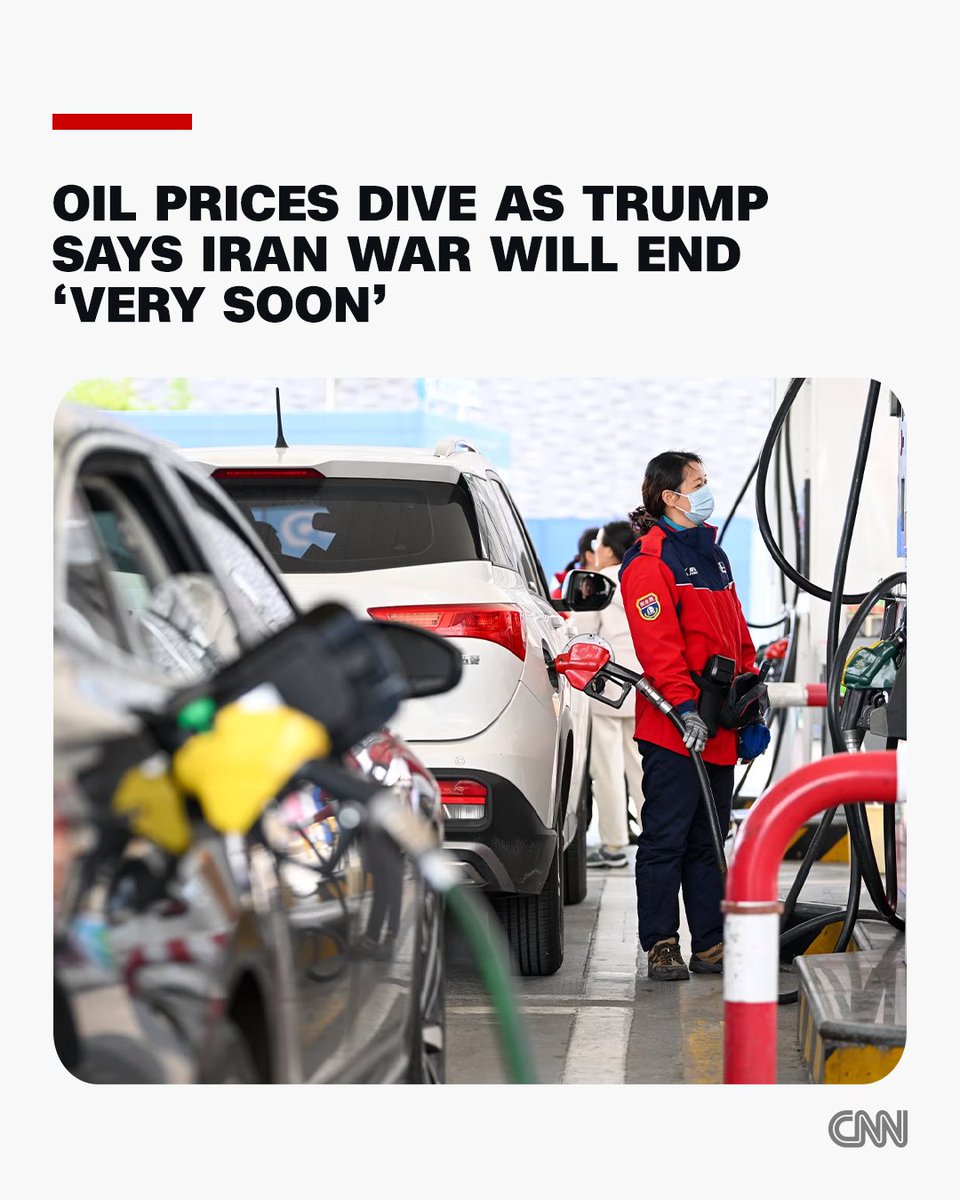 Oil prices fell sharply Tuesday after US President Donald Trump said the war with Iran would be over “very soon,” though they remain volatile and well above their levels before the conflict started. cnn.it/47z27TW