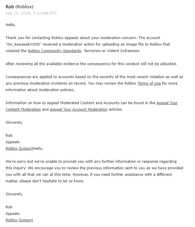M0GENSTEN's tweet photo. @Roblox I appealed both bans, but they were rejected without a clear explanation. After that my account was terminated even though I never broke any Roblox rules. Please have a human moderator manually review the case for Mr_kawasaki1000 and restore the account. https://t.co/bSB7CWuF7V