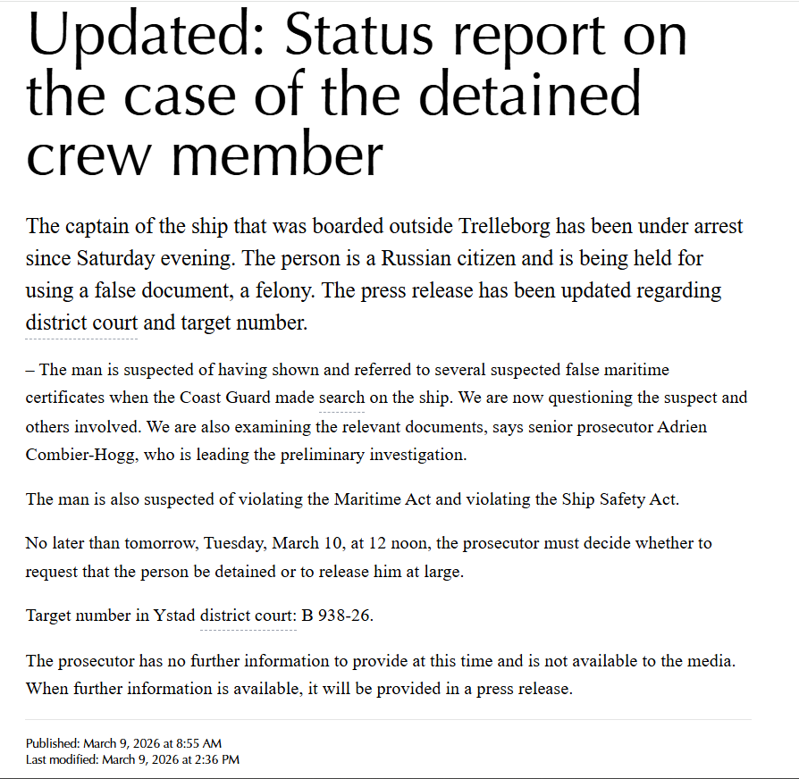 Its always funny when russian fascists like <a href="/OlegTsarov/">Олег Царев</a> try to comment on legal cases in democracies. 

No Oleg, your captain has not been charged (yet).
He is being questioned and is currently detained, all according to Swedish law. 
shorturl.at/KRVon