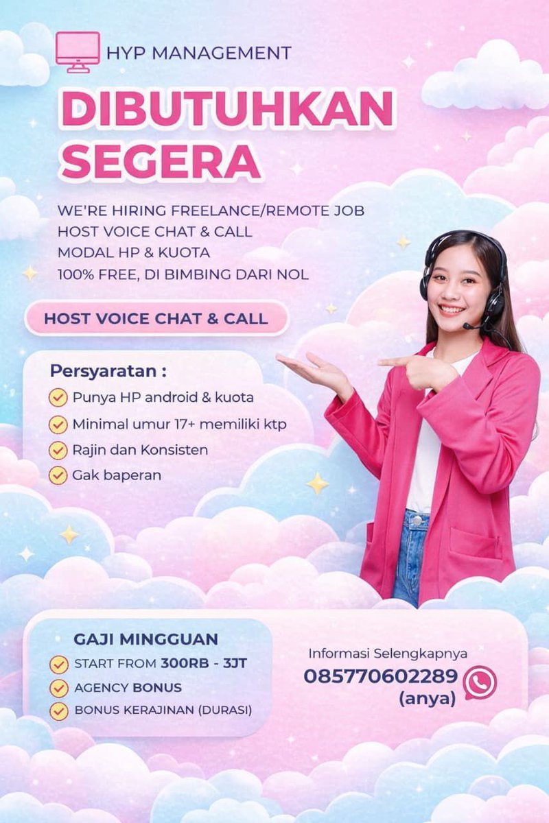 Kokocrunch888's tweet photo. ✨ Lagi cari kerja online dari rumah?
Kami membuka Lowongan Host Voice Chat &amp; Call (Freelance/Remote)
Cukup pakai HP Android + kuota sudah bisa mulai!
💰 Gaji mingguan 300RB – 3JT
🎁 Ada bonus agency &amp; bonus kerajinan
📚 Dibimbing dari nol – GRATIS https://t.co/DfvWh9myt0