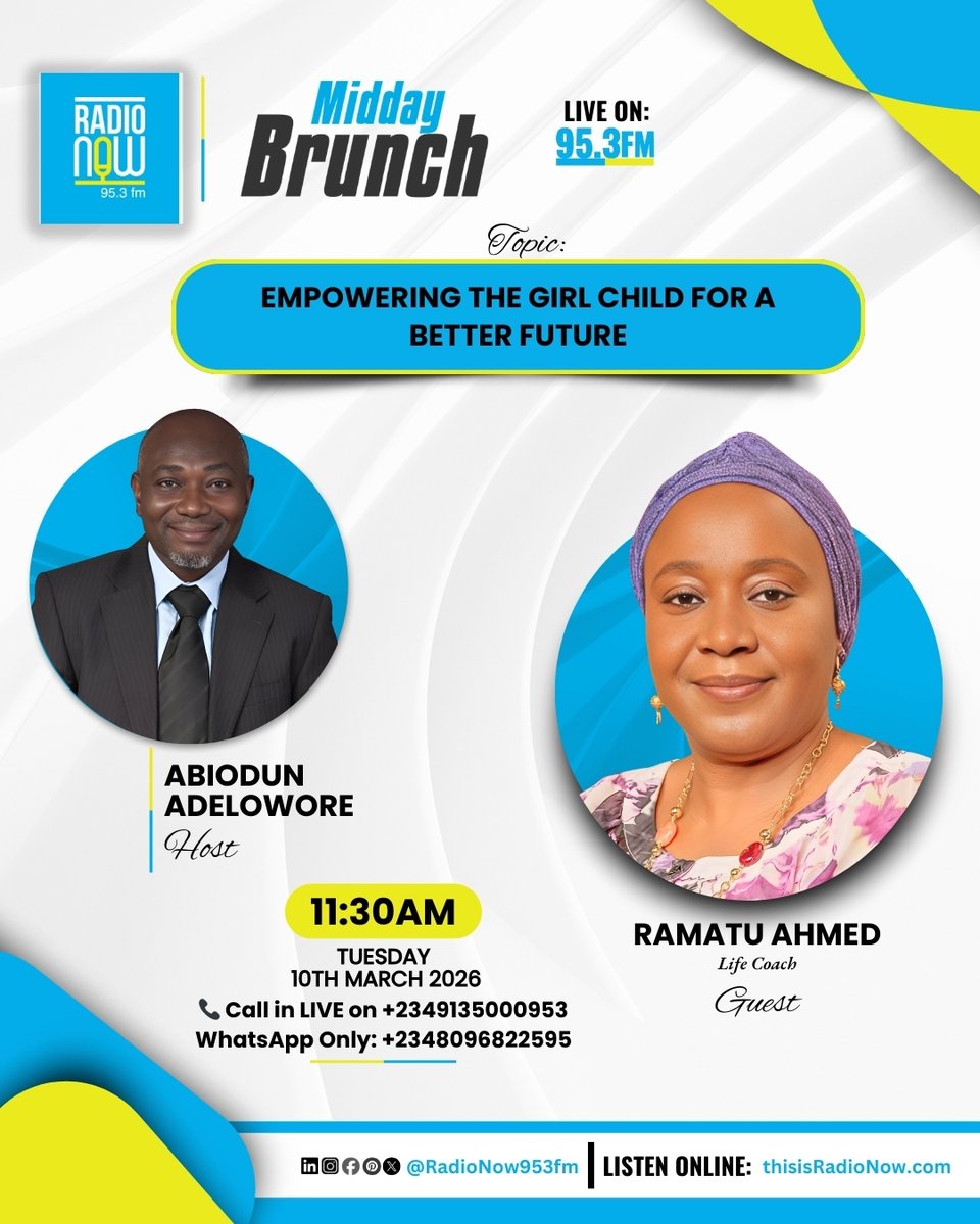 RadioNow953FM's tweet image. Today on Midday Brunch with Abiodun Adelowore

Topic: Empowering the Girl Child for a Brighter Future

Guest: Ramatu Ahmed

Join the conversation on the station that takes you beyond the news.

#girlchildempowerment #EducateTheGirlChild #womenandgirls #FutureLeaders