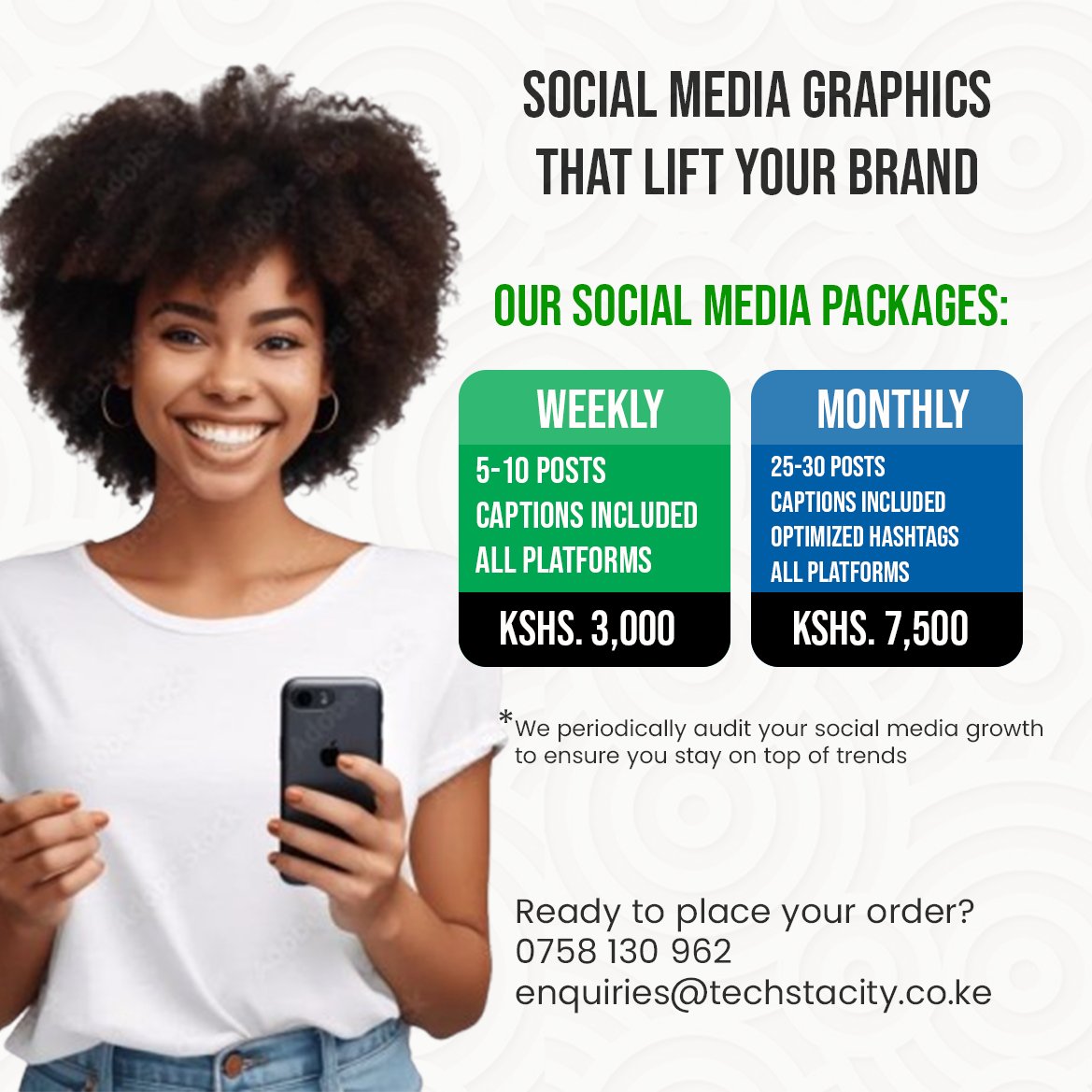 thetechstacity's tweet image. Weekly package: Kshs. 3,000
Monthly package: Kshs. 7,500

Comes with consistend brand guide, captions and CTAs.

Call/WhatsApp us for enquiries/booking: 0758 130 962

#Techstacity