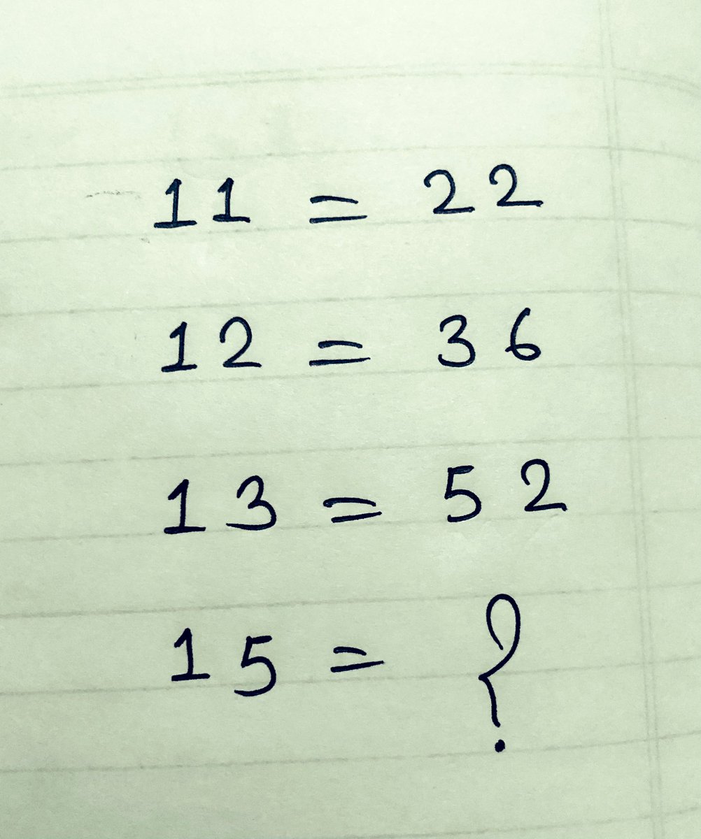 mathtech789's tweet photo. 11=22
12=36
13=52
15=? https://t.co/lA1q1iGuY3
