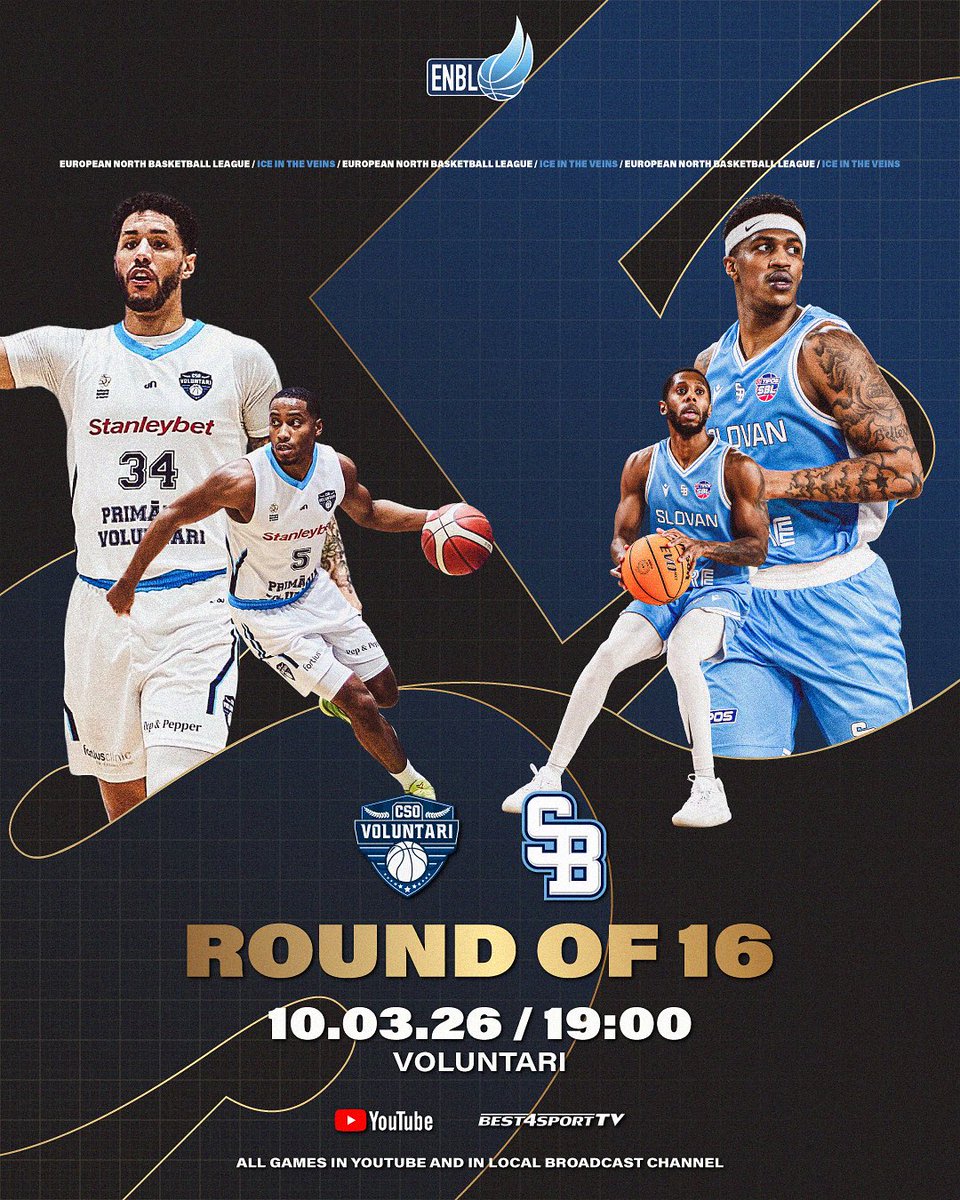 enbleague's tweet photo. The road to the title runs through Romania tonight! π·π΄
Itβs simple: win and move one step closer to the trophy! π₯π
β° 19:00 (local time)
π Voluntari, Romania
πΊ Streaming LIVE on YouTube & Best4Sport TV
#ENBL2026 #playoff #wethesouth #slovanbratislava https://t.co/XFIvJfAXyQ