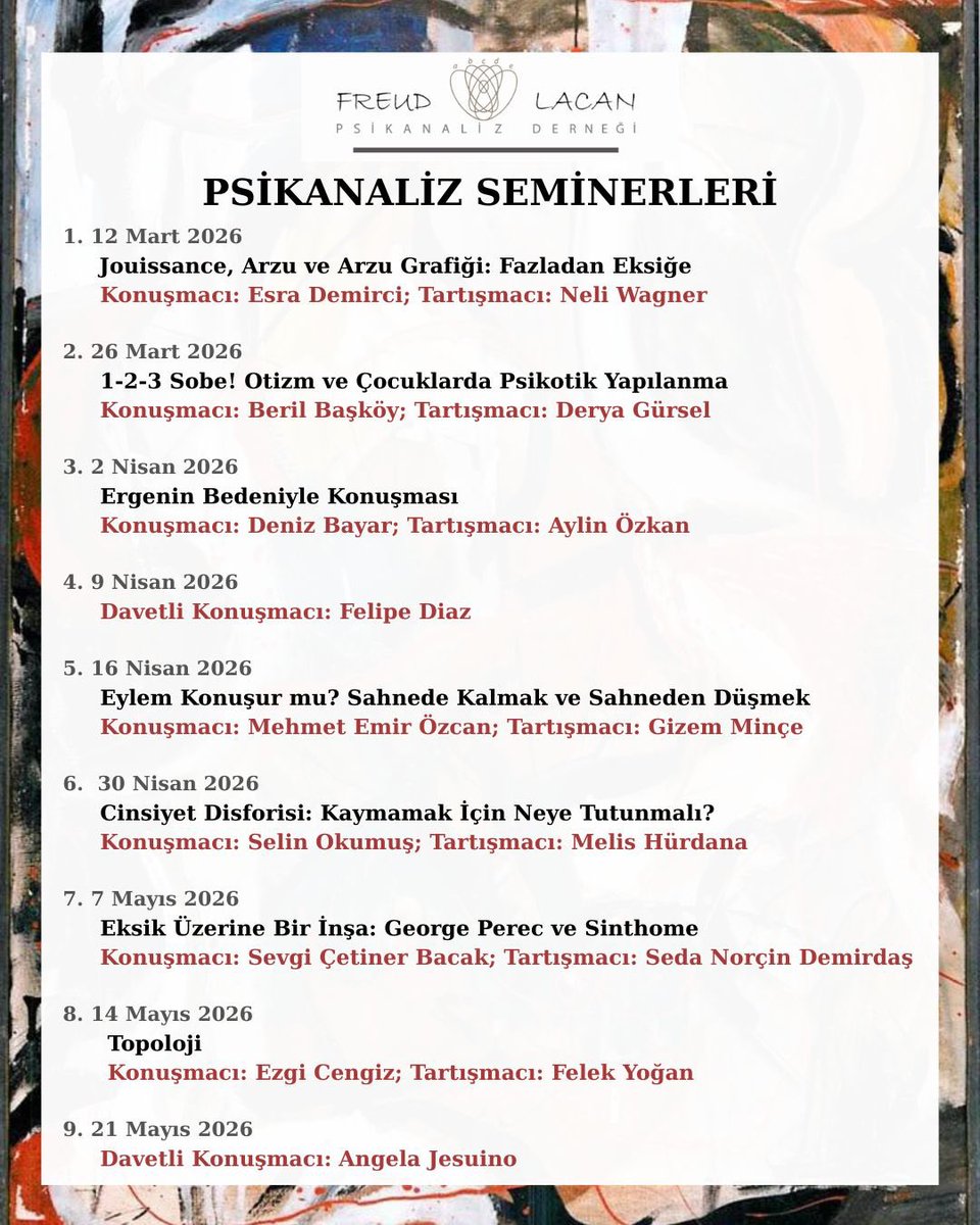 FLPsikanalizDer's tweet photo. Psikanaliz Seminerleri başlıyor. 
12 Mart - 21 Mayıs tarihleri arasında Perşembe günleri 20.30’da online olarak gerçekleşecek seminerlere kayıt için freudlacanpsikanalizdernegi@gmail.com adresine yazabilirsiniz. https://t.co/h4LAAHmhiq