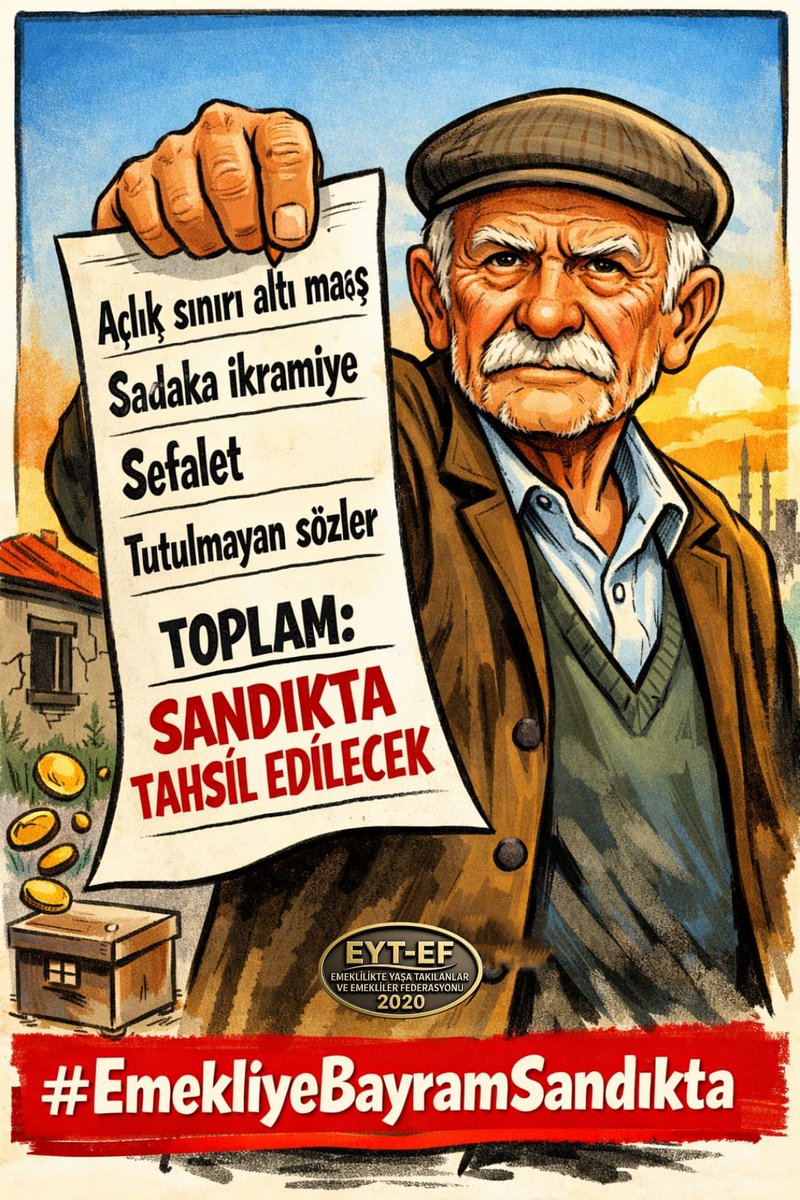 #Emekli çektiği sefaleti de
Tutulmayan sözleri de unutmaz

Artık mesaj nettir!

Emeklinin bayramı
Sadaka gibi verilen ikramiyelerde değil
Sandıkta kurulacak adalette olacaktır

#EmekliyeBayramSandıkta
#5000KısmiyeBayramSandıkta
<a href="/RTErdogan/">Recep Tayyip Erdoğan</a> <a href="/isikhanvedat/">Prof. Dr. Vedat Işıkhan</a> 
Hürmüz Boğazı Donald Trump