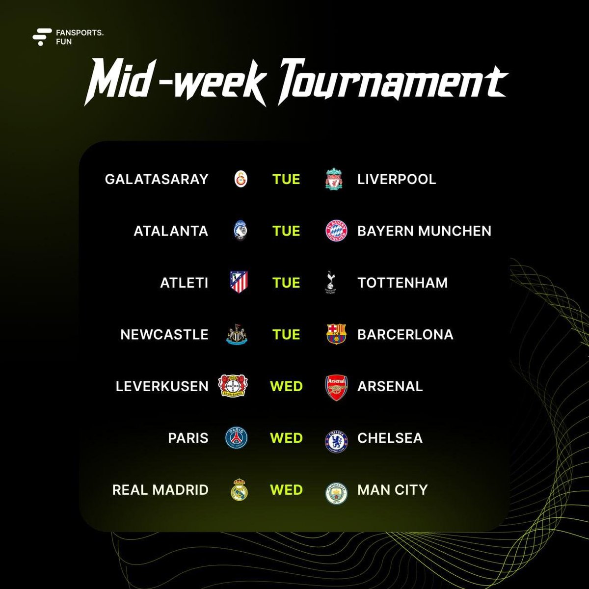 ⚽️ Fansports Mid-week Tournament of <a href="/ChampionsLeague/">UEFA Champions League</a> is officially live!

Mar 10
• Galatasaray vs Liverpool
• Newcastle vs Barcelona
• Atlético Madrid vs Tottenham
• Atalanta vs Bayern Munich

Mar 11
• Leverkusen vs Arsenal
• PSG vs Chelsea
• Real Madrid vs Man City

Check