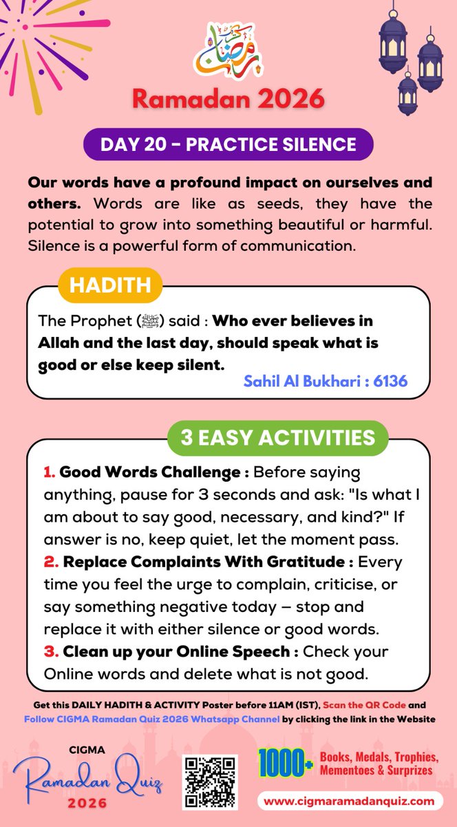 #RamadanSeries
#RamadanDay20
#PracticeSilence 
#SpeakOnlyGood
#NoComplains
#OnlyGratitude
#٢٠رمضان 
#Ramadan 

<a href="/AIMPLB_Official/">All India Muslim Personal Law Board</a> <a href="/asadowaisi/">Asaduddin Owaisi</a> <a href="/gioofindia/">National Federation of GIO</a> <a href="/icna/">ICNA</a> <a href="/TariqJamilOFCL/">Tariq Jamil</a>