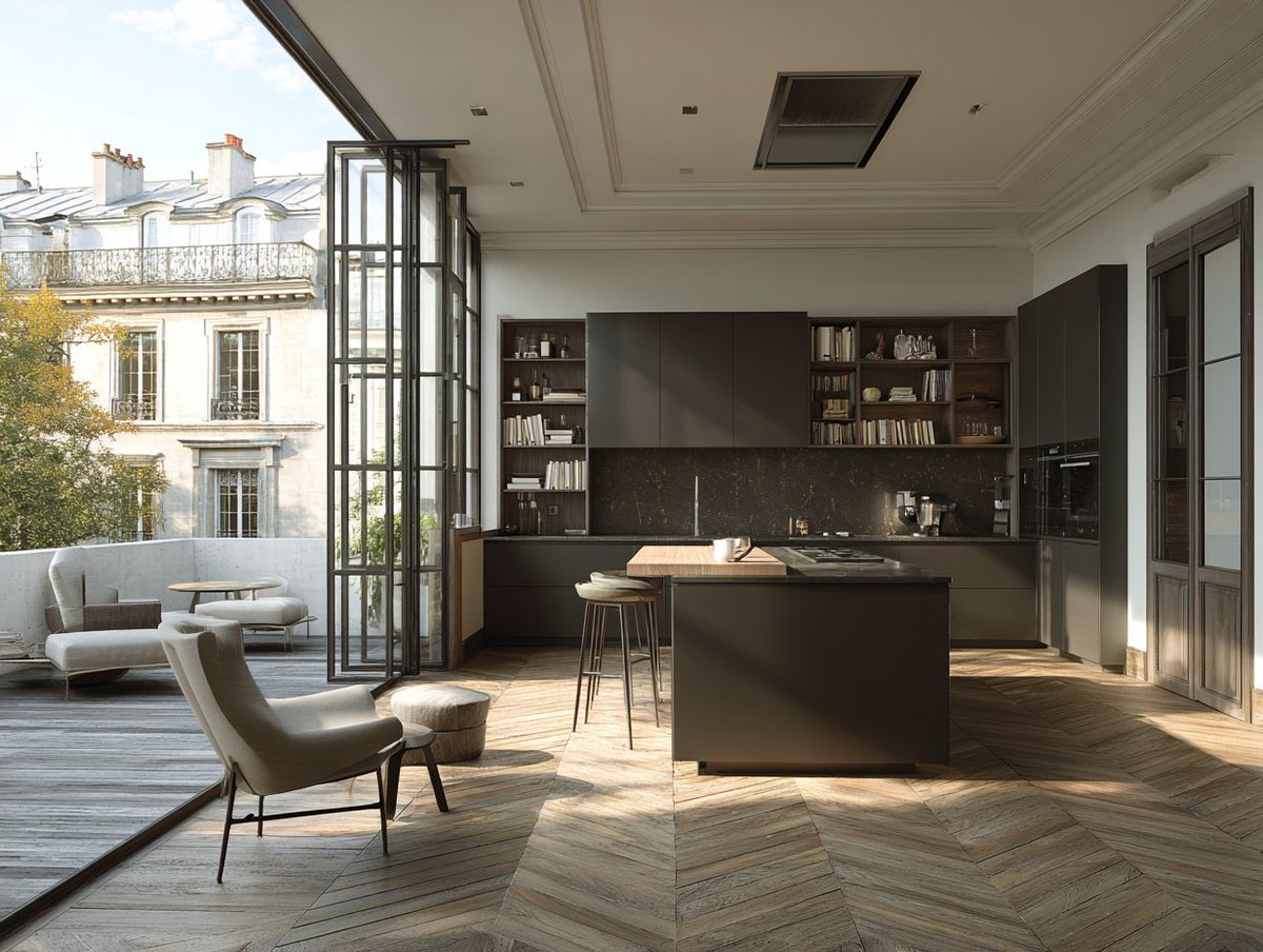 CabinetDIY's tweet image. Embrace the moody, modern aesthetic! ☕✨ These sleek dark brown cabinets perfectly complement the gorgeous chevron floors and stunning terrace view. Ready to bring rich, sophisticated tones to your home? Explore our collections today! 🤎🏡 #DarkKitchen #CabinetDIY