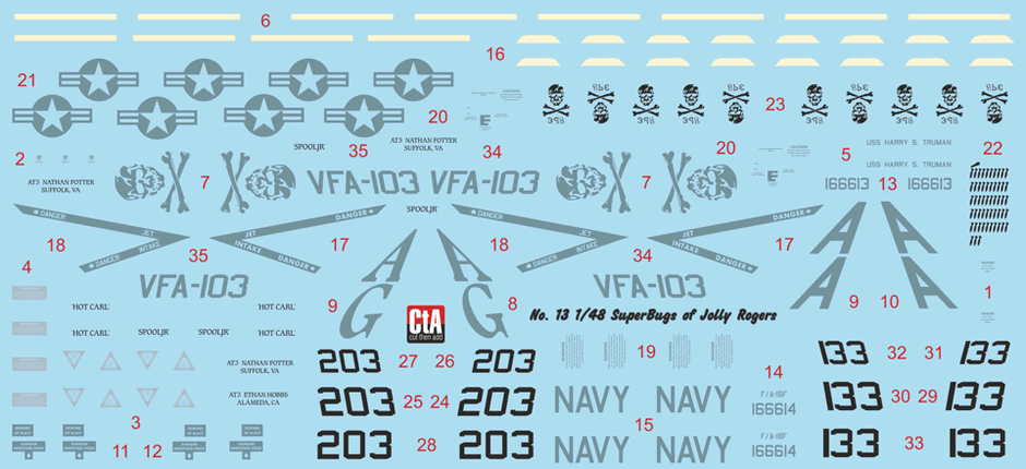 CTA_Decals's tweet photo. CTA No. 013 - Low Viz "Jolly Rogers" Super Hornet - simple and modern markings, best match for any 1/48 F/A-18E kit! https://t.co/7i7QXV51ih
#superbug #jollyrogers #vf103 #fa18e https://t.co/iS6bF1MCoC