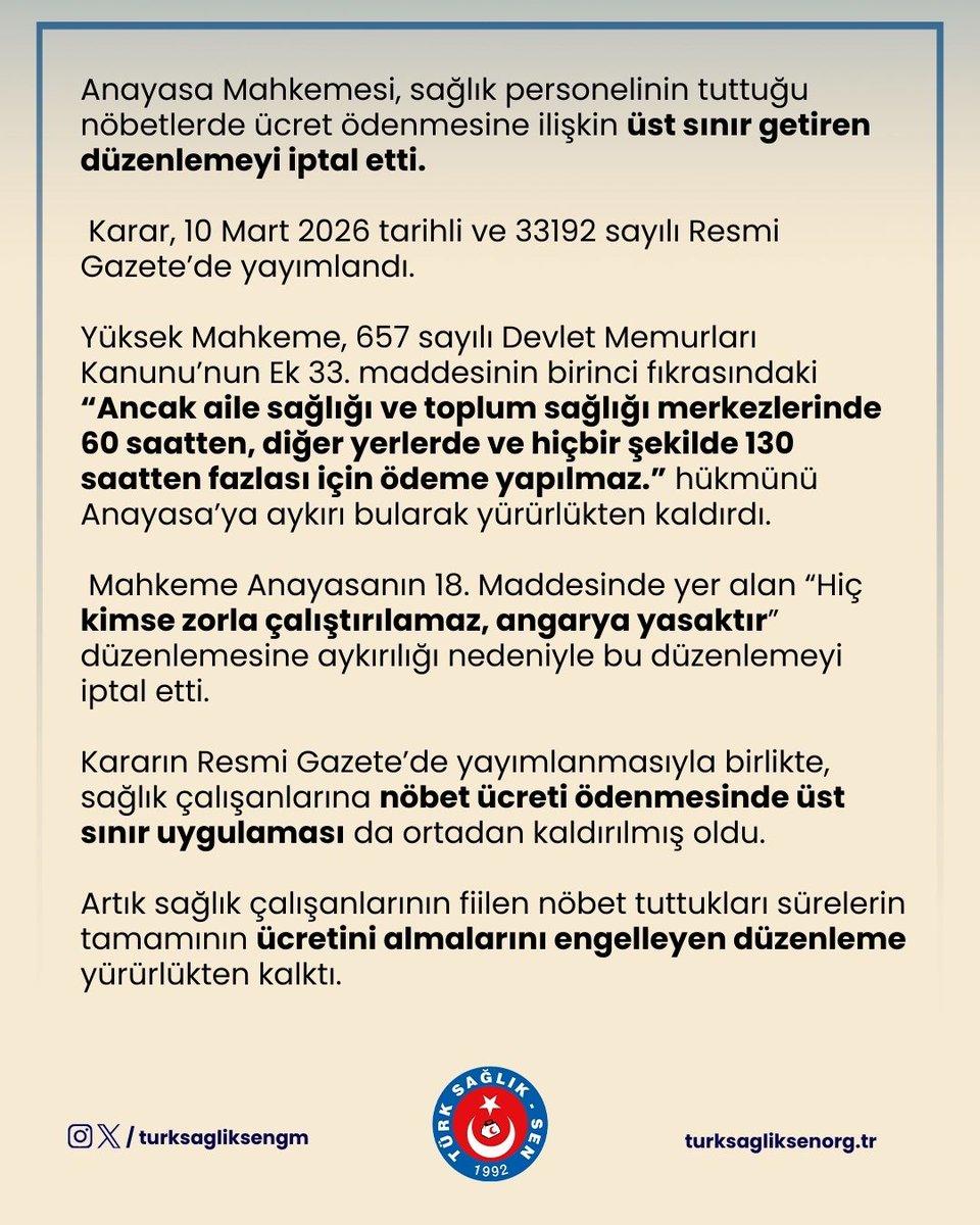 AYM’den sağlık çalışanlarının nöbet ücretlerine ilişkin önemli karar🧑‍⚖️

Nöbet ücreti ödenmesinde saat sınırı kalktı.