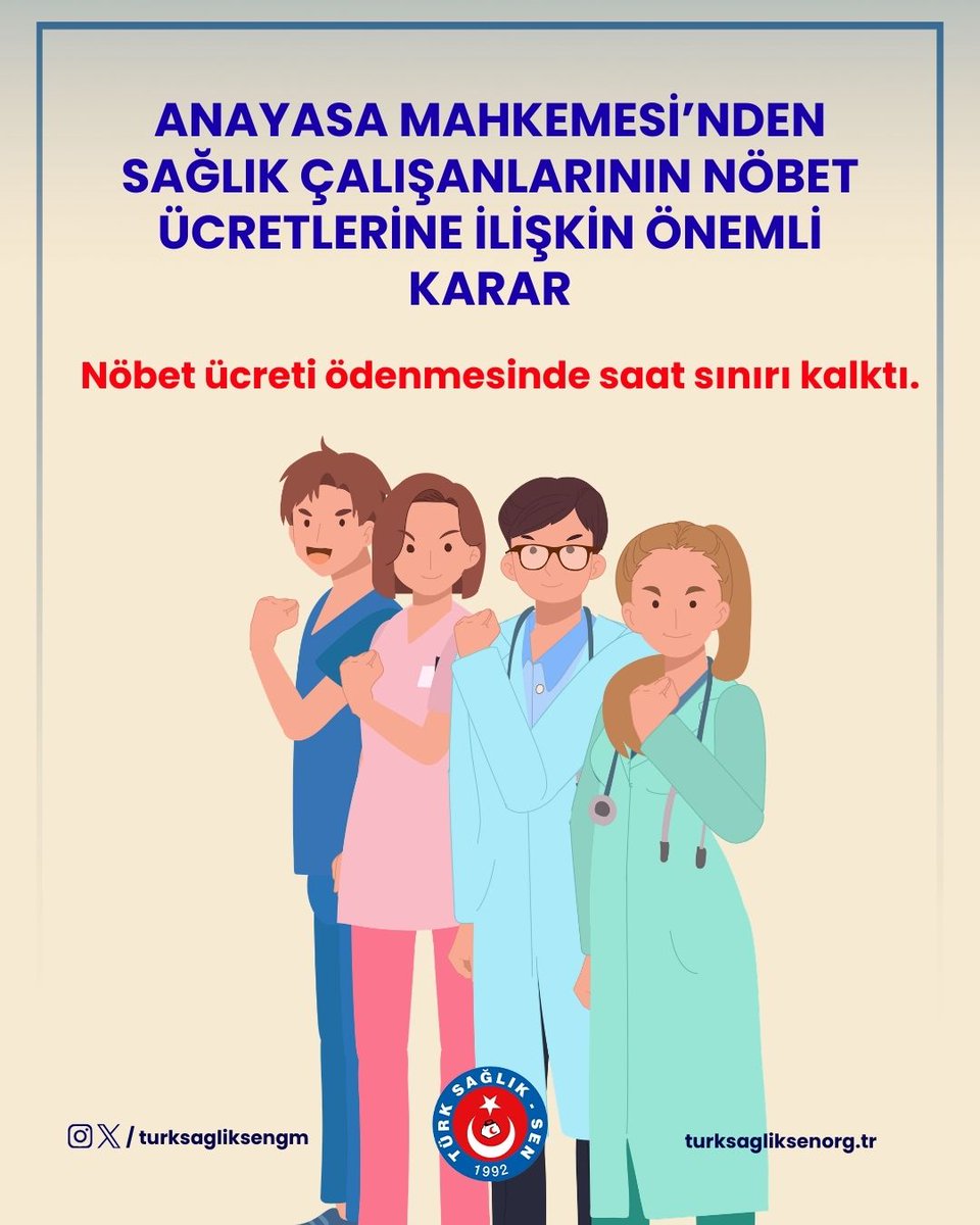 turksagliksengm's tweet photo. AYM’den sağlık çalışanlarının nöbet ücretlerine ilişkin önemli karar🧑‍⚖️

Nöbet ücreti ödenmesinde saat sınırı kalktı. https://t.co/CW26JoUD0z