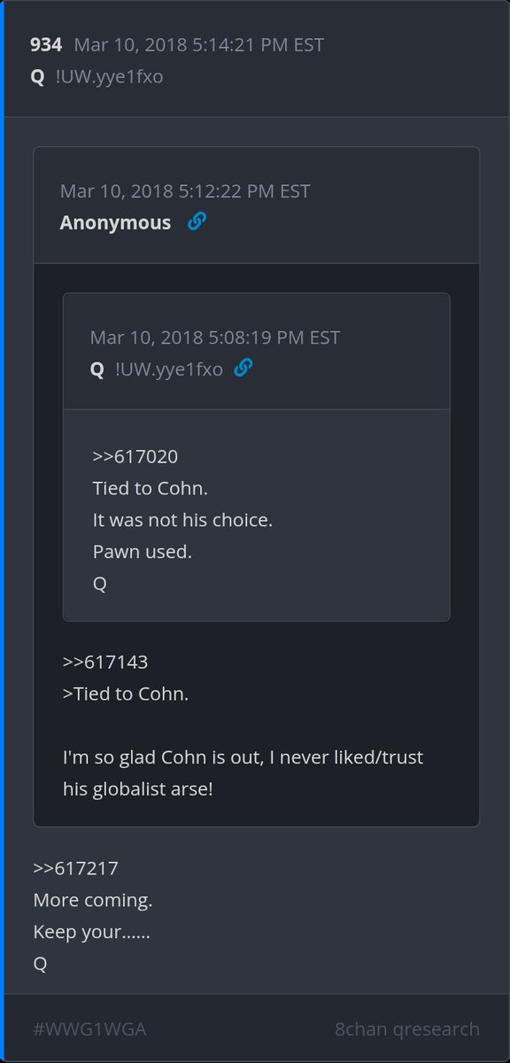 KimWever3's tweet photo. 8 Year Deltas - Posts 932, 933 & 934
The creation of the internet and ‘connecting’ platforms is bringing about their downfall.
Failure to control.
MSM is dead.
#internetbillofrights
Q
>>616918
Q, Goldman Sachs CEO stepping down, Executive Order doing damage? https://t.co/0LwsBSDxTj
>>617020
Tied to Cohn.
It was not his choice.
Pawn used.
Q
>>617143
>Tied to Cohn.
I'm so glad Cohn is out, I never liked/trust his globalist arse!
>>617217
More coming.
Keep your……