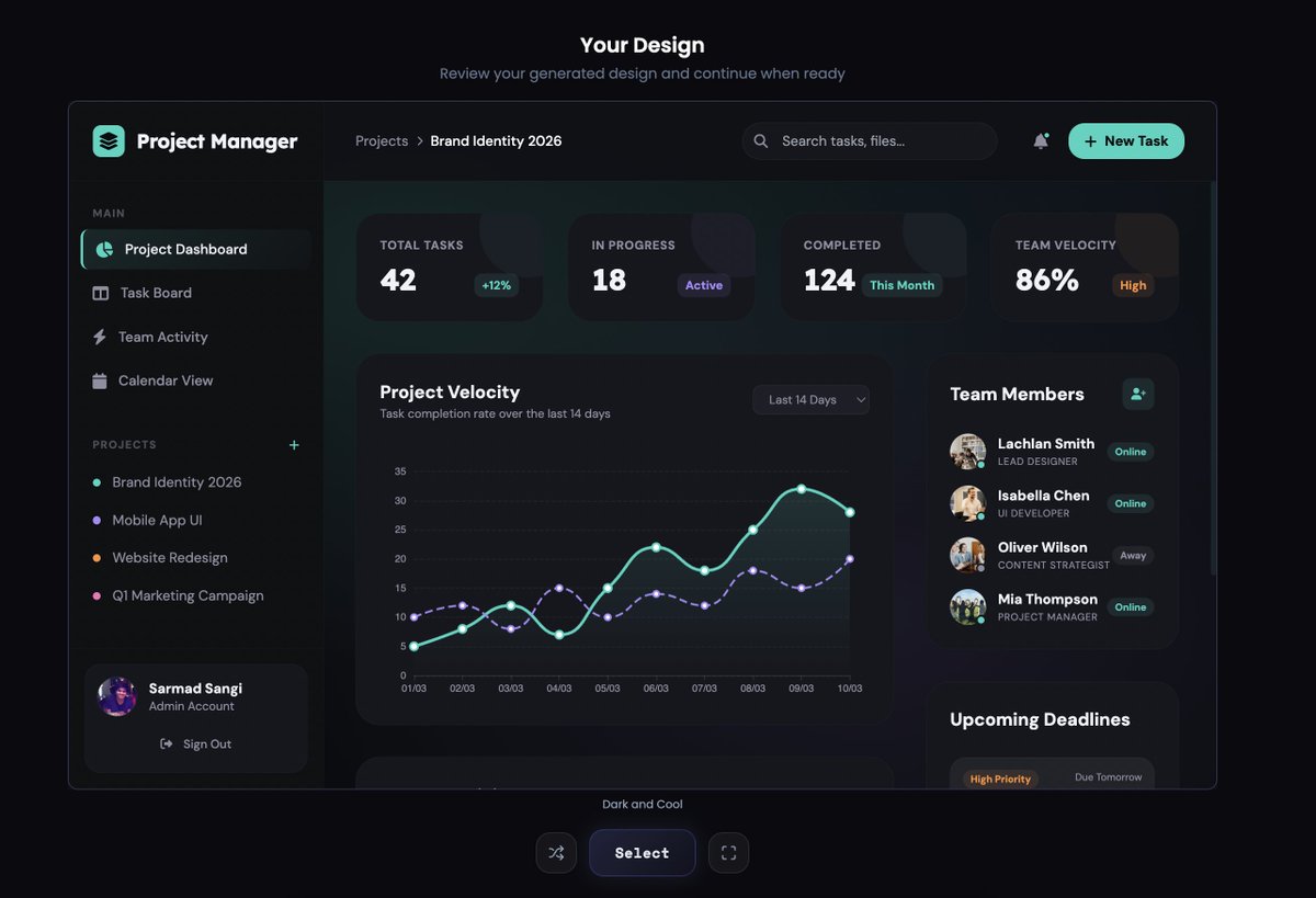 flavo_ai's tweet photo. This project management dashboard was single-shotted by our design agent. No templates. No Figma. No reference image.

You describe your app. We generate multiple designs. You pick the one that fits your taste. Then we build the whole thing.

We just opened our beta to a handful of new users. If you want to build apps that actually look like a designer touched them.