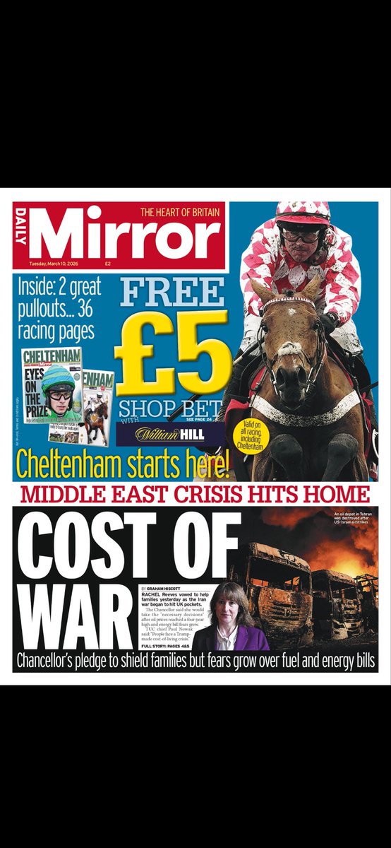 JasonHeavey's tweet photo. 36 pages on the Cheltenham Festival in today’s @DailyMirror Be lucky and go safe. 

@AndyMacMorrin 
@thebedfordfox 
@sjracingmedia 
@JHELees 
@olibellracing https://t.co/rBglCVdFeI